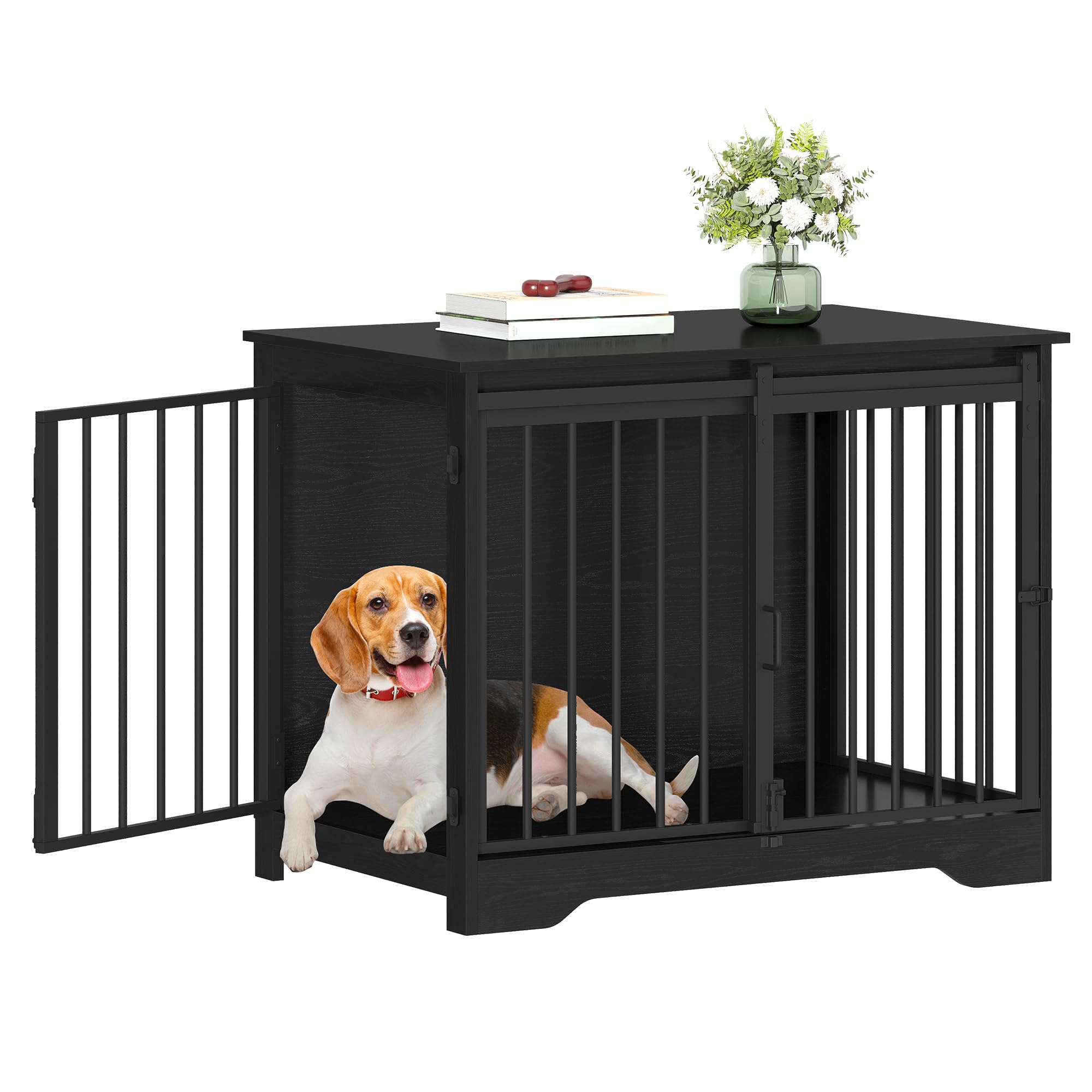 Hzuaneri 81cm Jaula para Perros, Mesa Auxiliar, casa Moderna para Perros, Jaula para Cachorros, dúplex para Animales, 2 Puertas, 55 x 81 x 67,5 cm, Negro DFC83604B