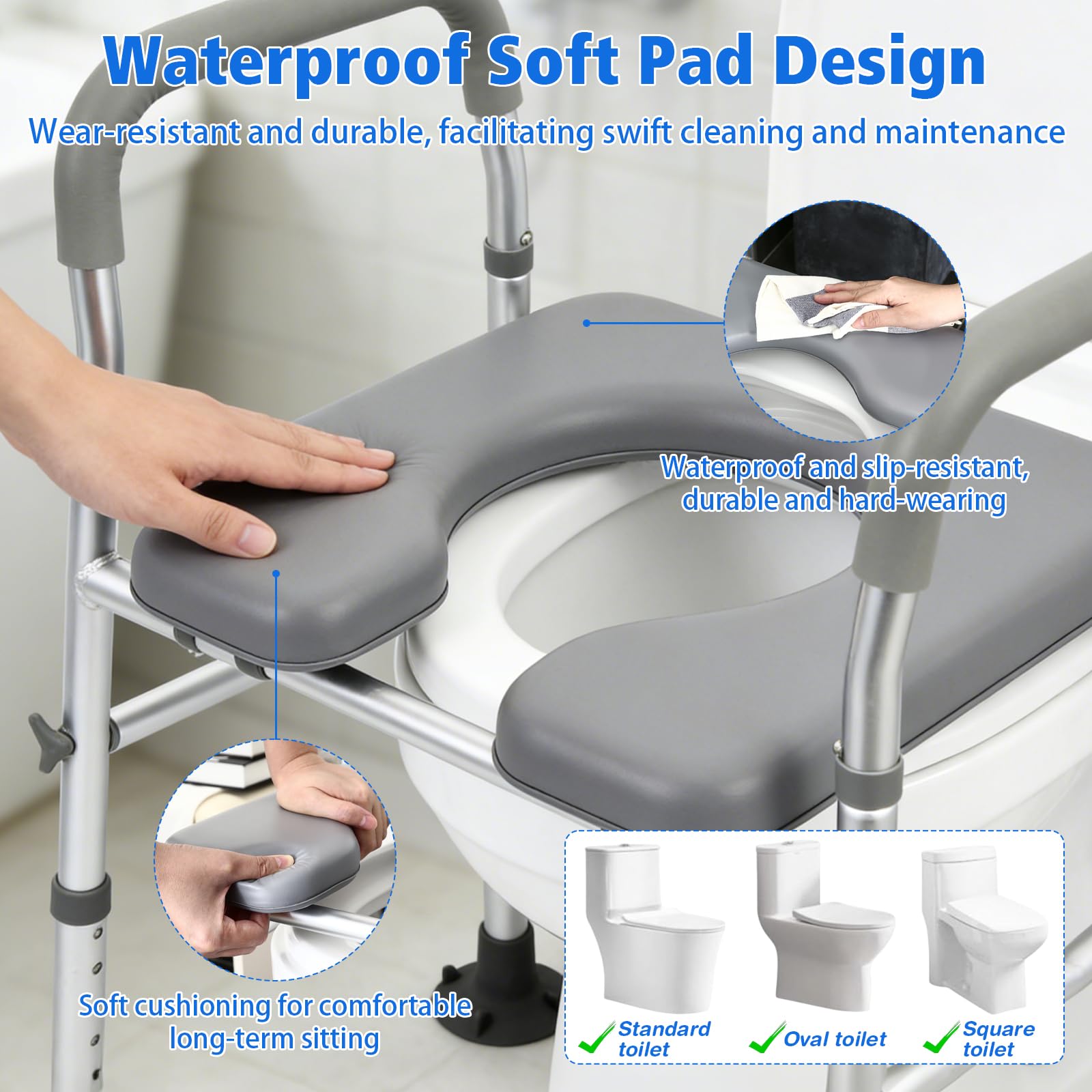 Rialzo per sedile WC per anziani con maniglie, in alluminio, con sedile imbottito, regolabile in altezza e larghezza, per anziani con handicap, bagno in gravidanza, fino a 181,4 kg, adatto a qualsiasi