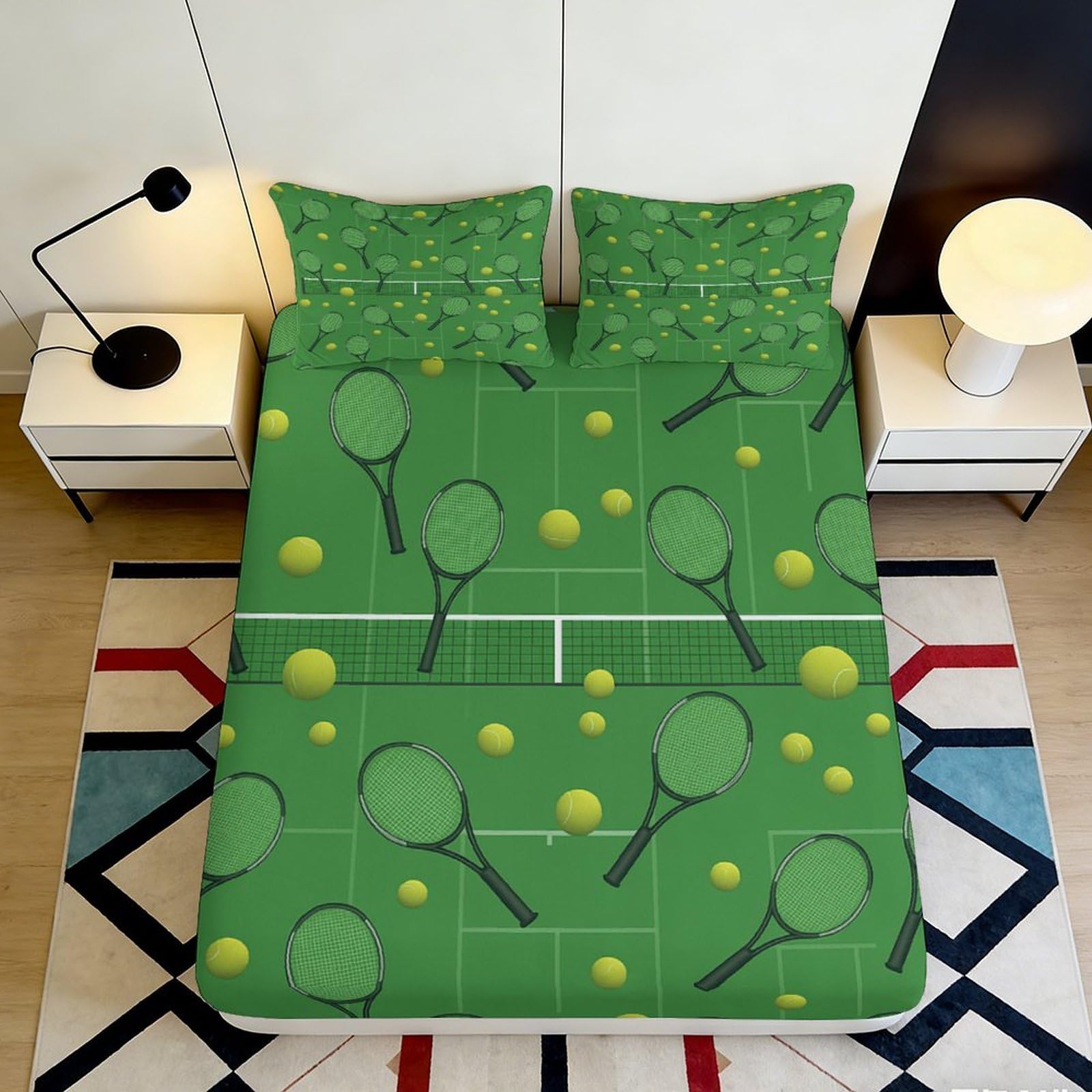 3D Printed Tennis Racket Fitted Sheet Microfiber Green Court Bed Cover for Bedroom Dorm Mattress Protection Decor 140x200x25cm