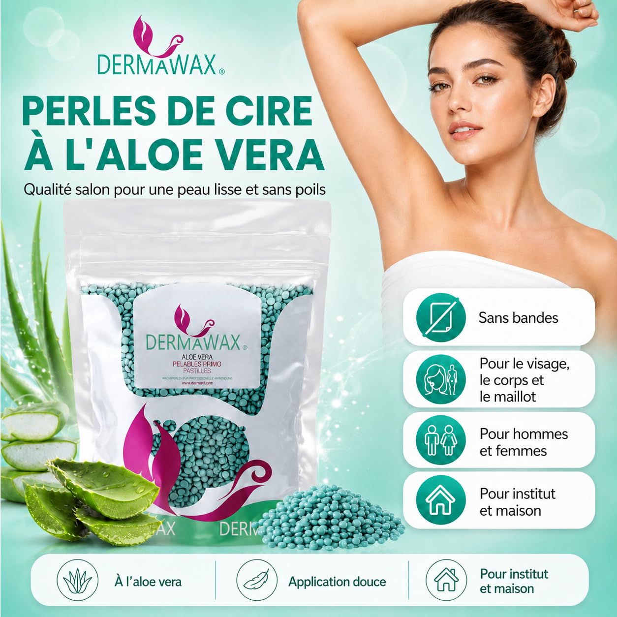 DERMAWAX Perles de Cire Chaude Épilation Sans Bande Aloe Vera 1 kg – Cire Pelable Professionnelle Basse Température, Application Multidirectionnelle – Made in Italy, Peaux Sensibles, Maillot, Visage