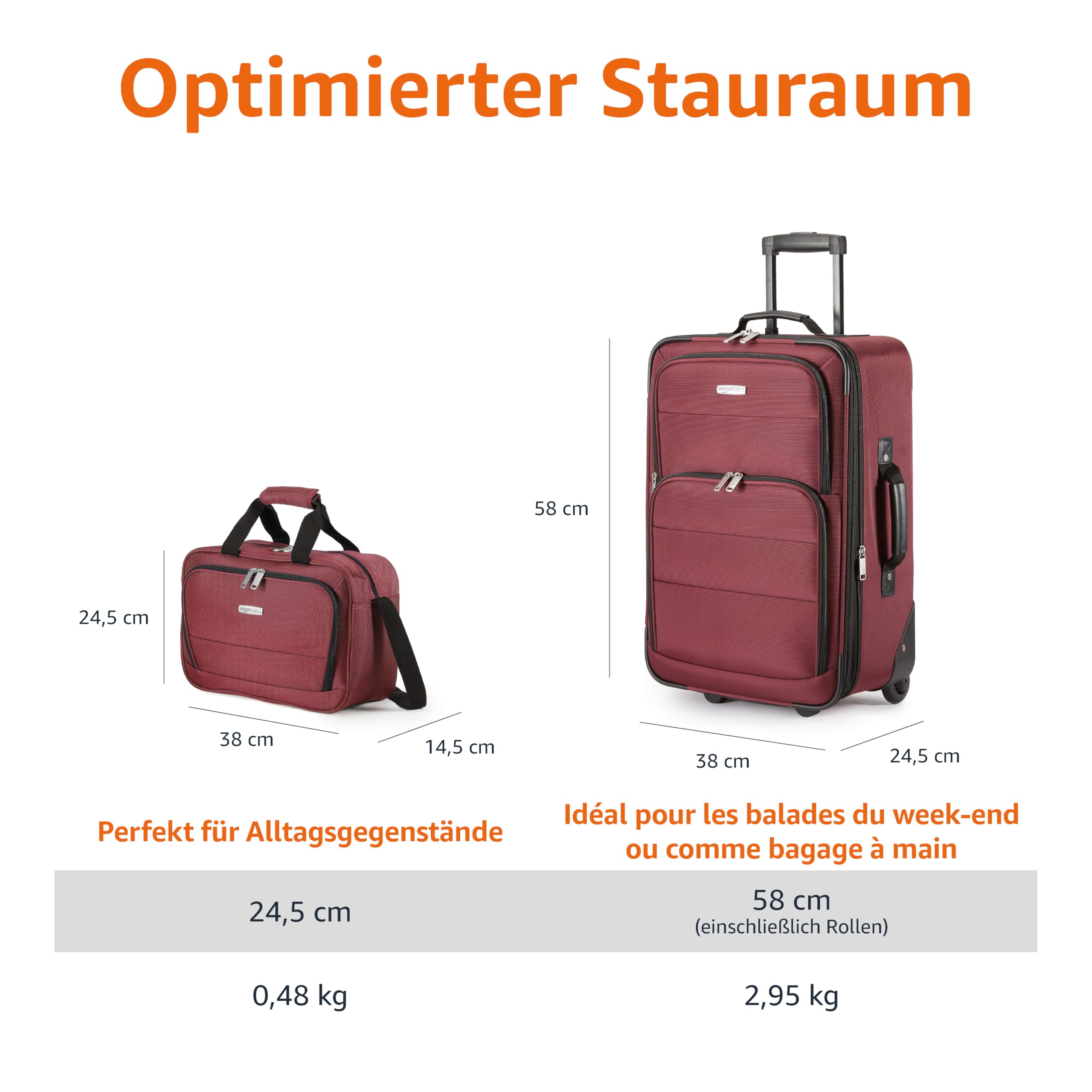 Amazon Basics 2-Teiliges Weichschalen-Koffer-Set, Erweiterbares Handgepäck (58 cm) und Tragetasche (25 cm), Leicht, 100% Polyester, Stapelbares Set, Rot