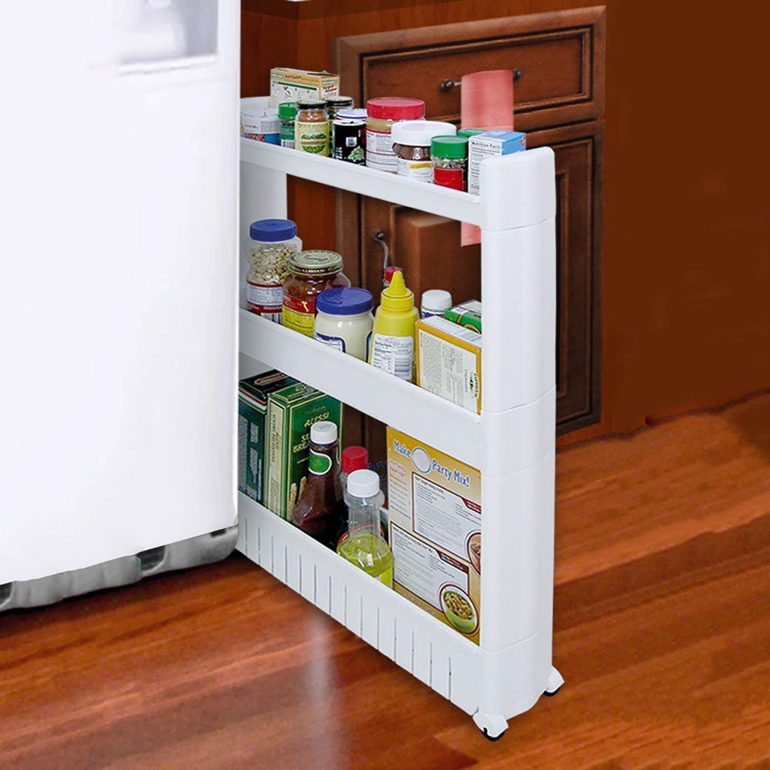 Thrink White Slim Slide Out Kitchen Bathroom Trolley Rack Holder Storage On Wheels | Ample Storage | Slides Easily In And Out | Fits In Neatly | Made Of Durable Plastic