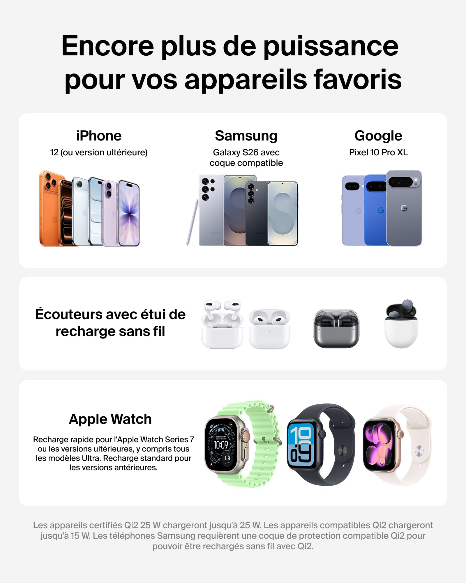 Belkin UltraCharge Station sans Fil 3-en-1 avec Qi2, 25 W - Noir | Qi2.2, Chargeur Magnétique Sans Fil MagSafe Pour iPhone, Apple Watch, Écouteurs, Câble USB-C, Adaptateur Secteur 45 W