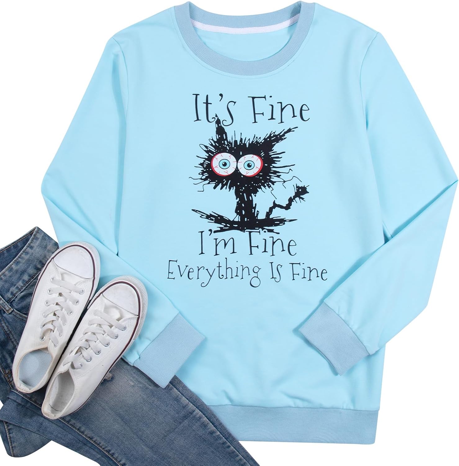 MNLYBABY It's Fine I'm Fine Everything Is Fine Sweatshirt Women Cute Black Cat Tee Tie Dye Cat lover Long Sleeve Top - Image 7