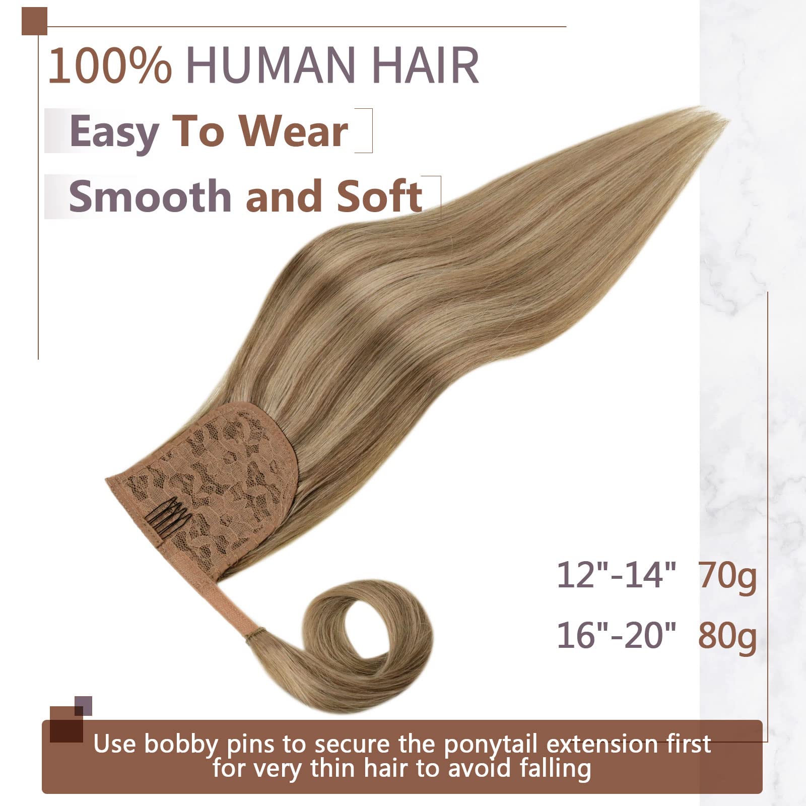 RUNATURE Real Hair Ponytail Extension Blonde Highlight Caramel Blonde Ponytail Extension Human Hair 20 Inch Clip in Ponytail Hair Extensions Human Hair 80 Gram - Image 2