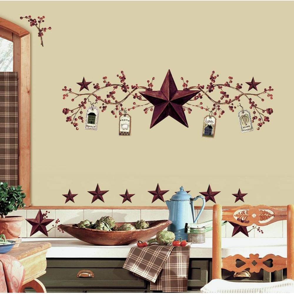 RoomMates RMK1276SCS Country Stars and Berries Peel & Stick Wall Decals, 40 Count