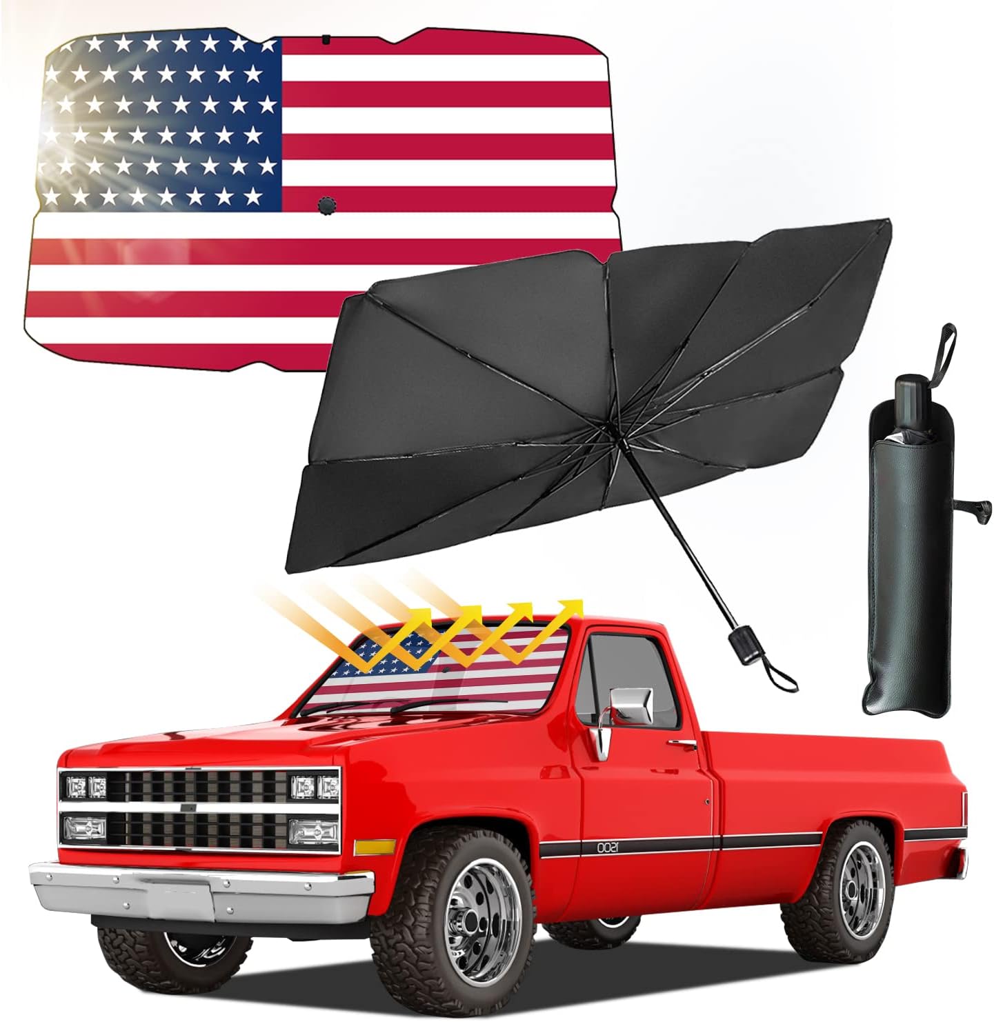 YOHIA Car Windshield Sun Shade Umbrella Collapsible, Foldable Car Sunshade for Car Front Window/Auto Windshield Covers, Fit Most Vehicle (USA Original Flag)