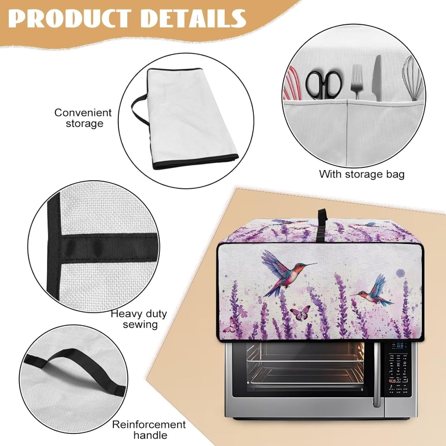 Lavender Hummingbirds Dustproof Toaster Cover with Side Pocket – Fits Most Standard Toasters, Microwave Cover & Small Appliance Protector, Cute Kitchen Decor Gift - S