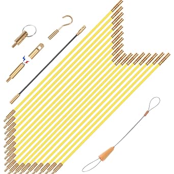 GURADESIGN 23.8FT Fiberglass Running Electrical Wire Cable Glow Rods Wire Pulling, Fish Rods Electrical Kit with 6 Different Attachments and Fish Tape Wire Puller Kit Yellow