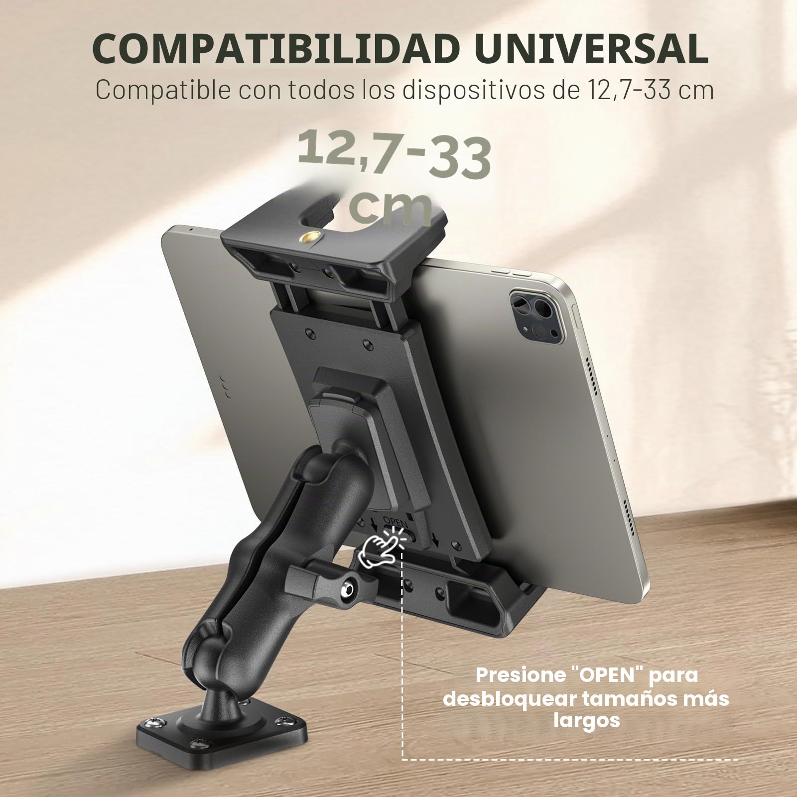 OHLPRO Soporte Tablet Coche Salpicadero, Soporte para iPad Coche para Camione Cocina Pared Escritorio, Compatible con 5-13" iPad Pro Mini Air iPhone 17 Galaxy Tab Kindle Fire Switch, Rotación de 360°
