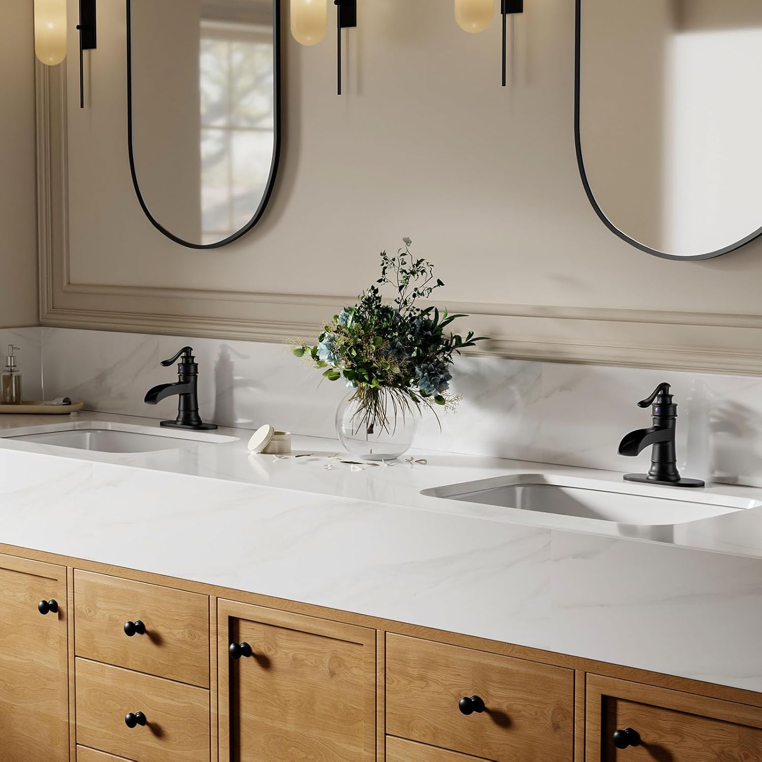 Matte Black Waterfall Bathroom Faucet, Single Handle Bathroom Sink Faucet 1 Hole or 3 Hole, Vanity Sink Faucet for Vintage Antique Lavatory Washroom with Pop Up Drain, Deck, 2 Hoses