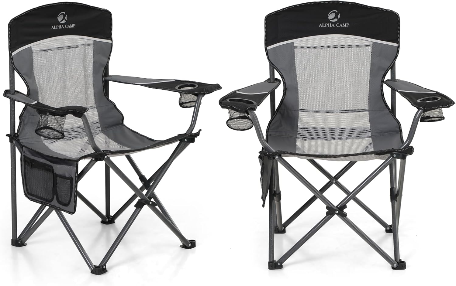 LET'S CAMP 2 Pack Mesh Back Camping Chair Portable Folding Heavy Duty Outdoor Chair Support 330 LBS Durable Large Arm Chair with Cup Holder and Carry Bag for Camp, Fishing, Hiking, Black