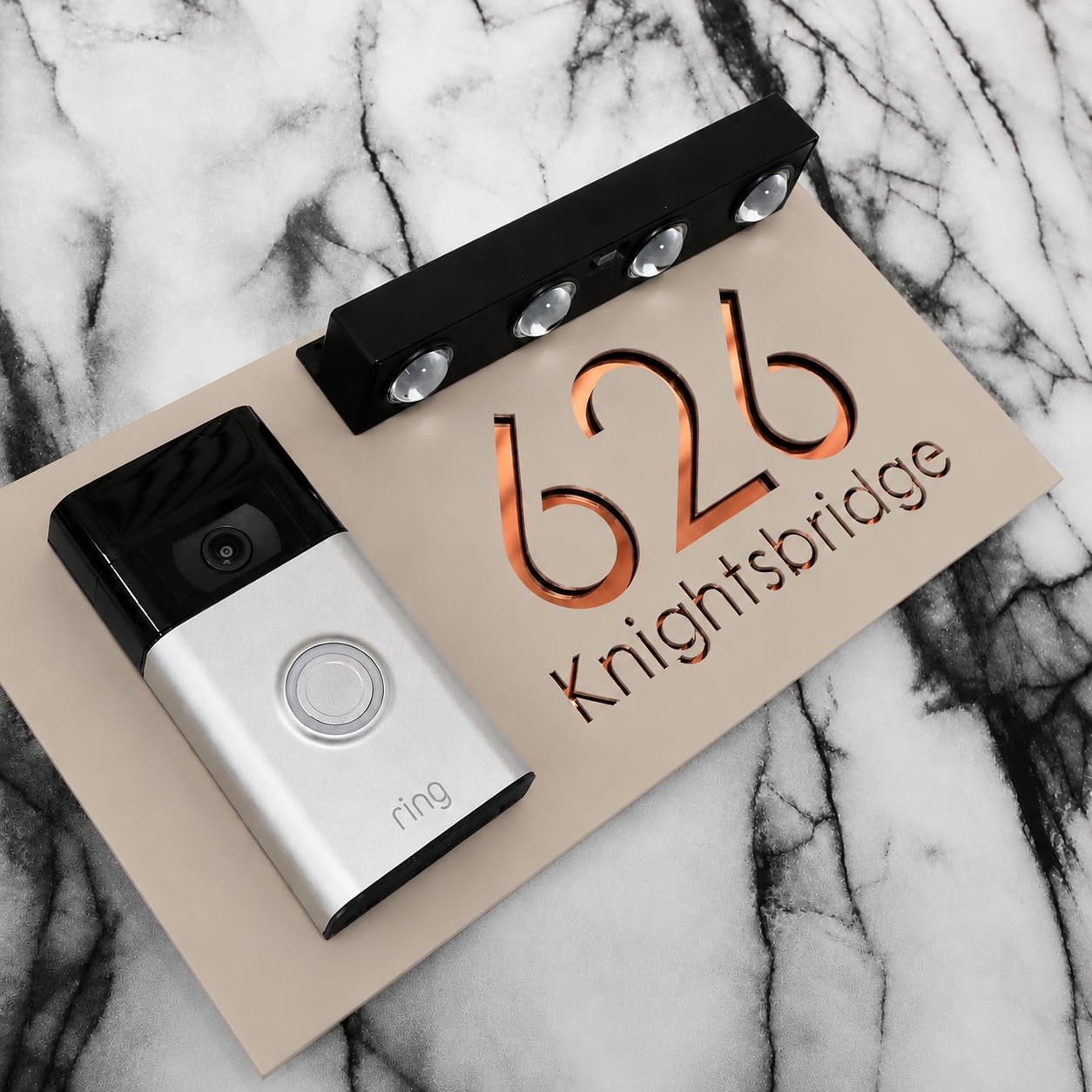 K Smart Sign | Bellissima LED DOORBELL F31 | Personalised House Video Doorbell Solar LED Signs 3d Door Numbers Street Address Number Plaques | 300mm x 160mm (Matt Beige & Copper Mirror)