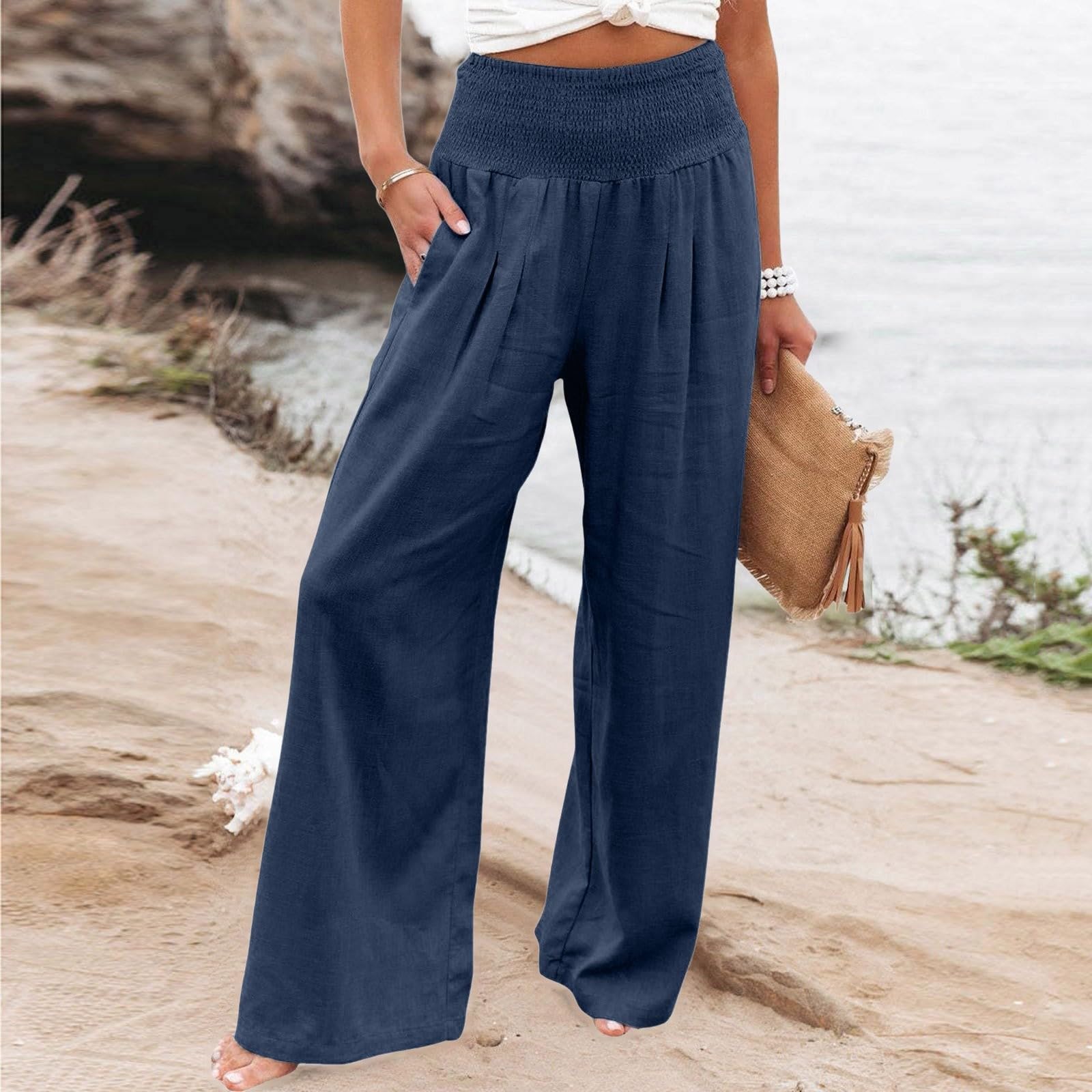 Generisch Pantalon d'été léger pour femme - Taille haute - Taille élastique - Pantalon en tissu - Avec jambes larges - Style décontracté - Avec poches - Couleur unie - En coton - Aéré