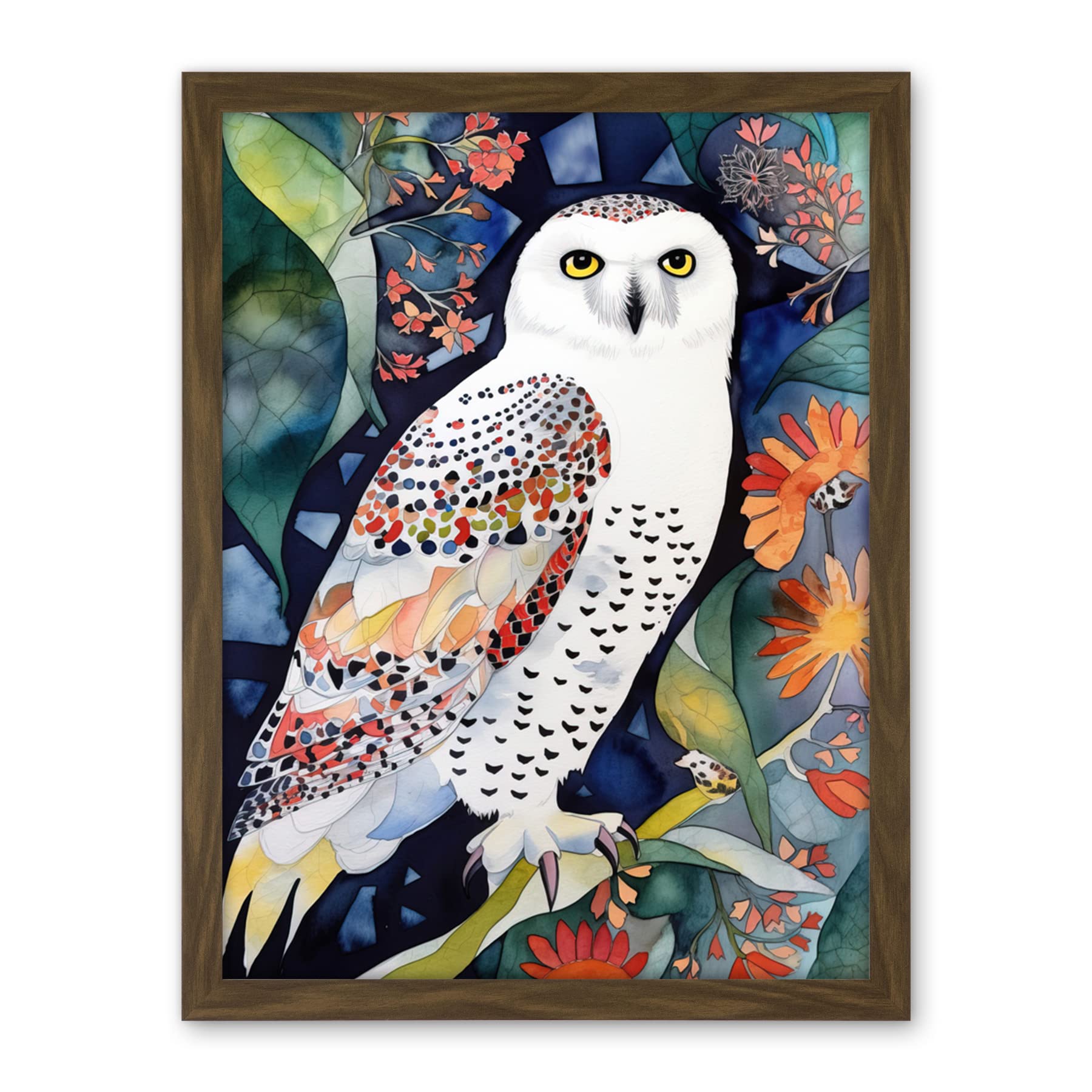 Artery8 Snowy Owl On Blooming Tree Folk Art Artwork Framed Wall Art Print 18X24 Inch