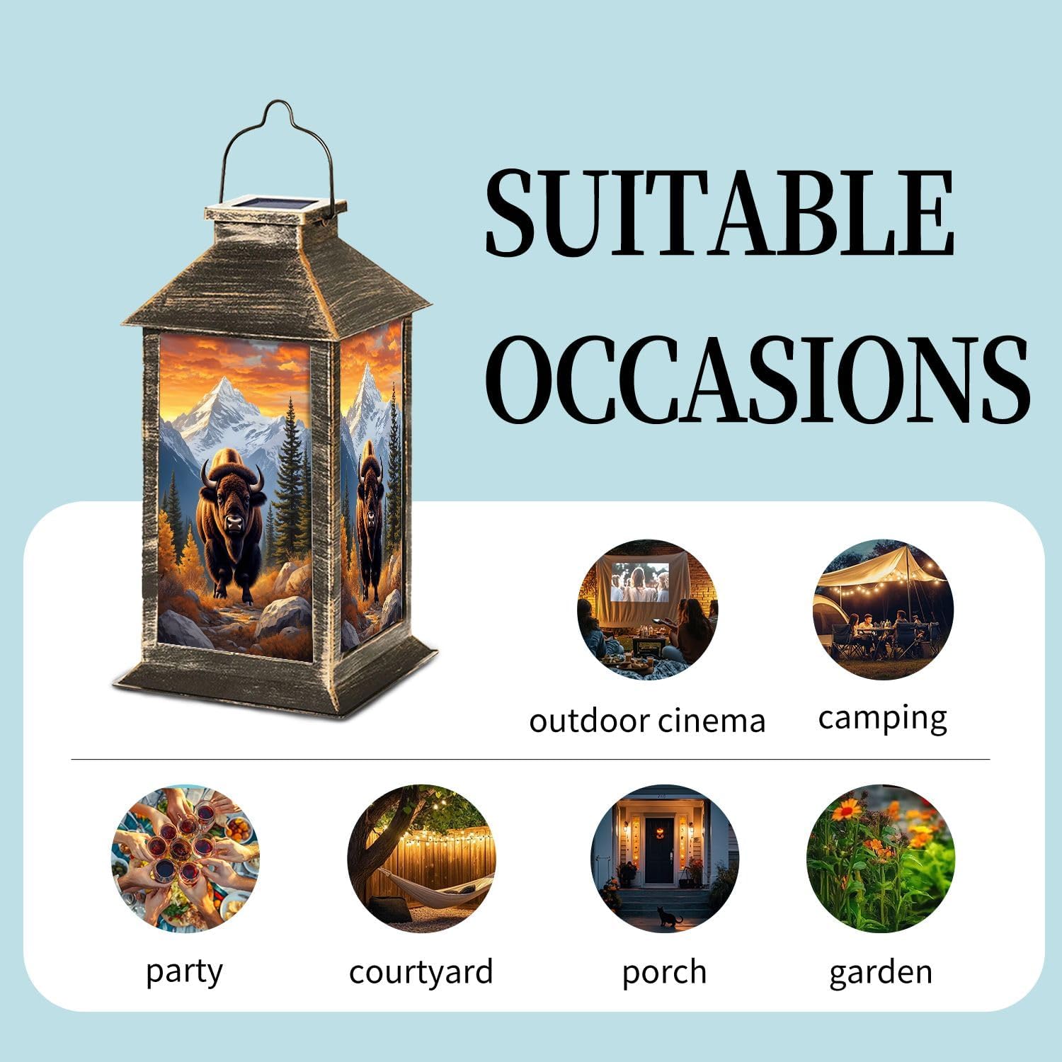 Solar Lantern Buffalo Bison Wildlife Cow Buffalo Decor American Bison Snow Garden Hanging Lantern Waterproof Solar Powered Lighting Outdoor Table Lamp for Deck Yard Farmhouse Patio