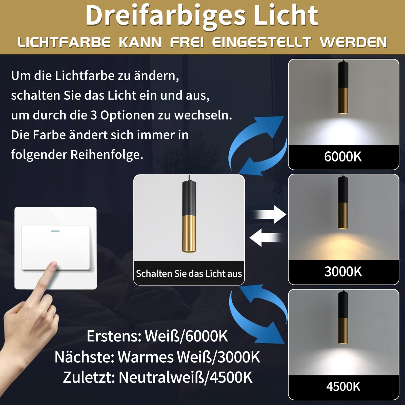 Mikeru Nowoczesna lampa wisząca LED, 3000 K/4500 k/6500 K, trójkolorowa lampa wisząca do sypialni, 30 cm, czarny + złoty żyrandol do lampy wiszącej, wyspy kuchennej, jadalni, biura i baru (3 sztuki)