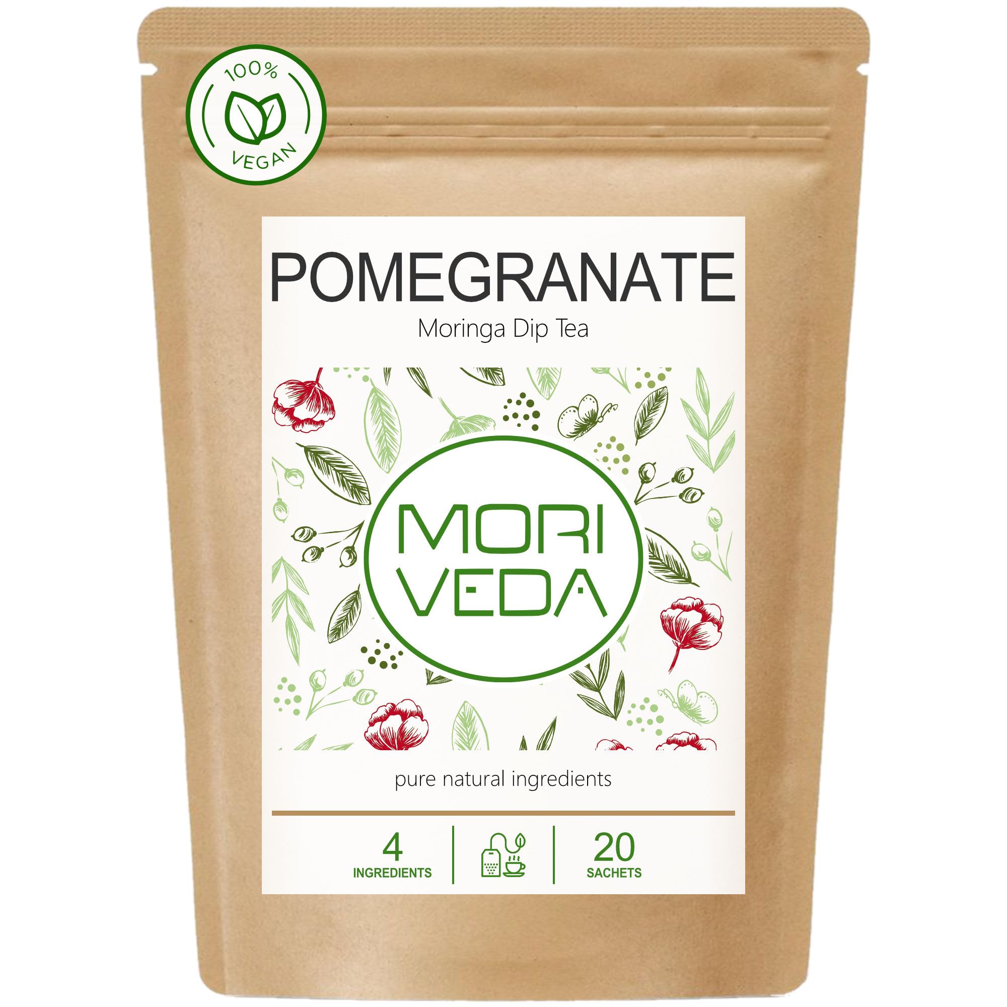 Tè Moringa 100% naturale e vegano (a scelta mix di erbe, mela cannella, melograno, zenzero, menta). Qualità 1A (20 bustine di tè Moringa-Melograno)