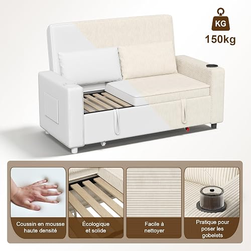 Devoko 2-Sitzer Schlafsofa 140 cm breit, Modernes Sofa mit Schlaffunktion, Ausziehbare Schlafcouch mit Verstellbarer Rückenlehne, Platzsparendes Klappsofa für Wohnzimmer, Beige - 5