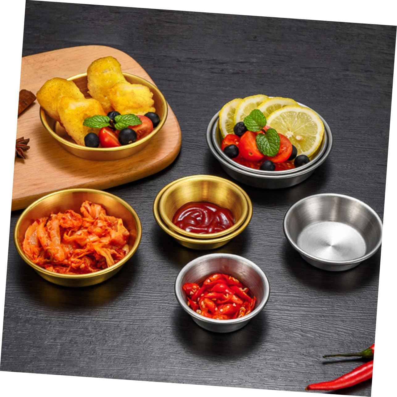 BRIGHTFUFU Heat Acid Resistant Stainless Steel Seasoning Dishes 4pc Snack Plates for Sides Snacks Appetizers Family/commercial Use