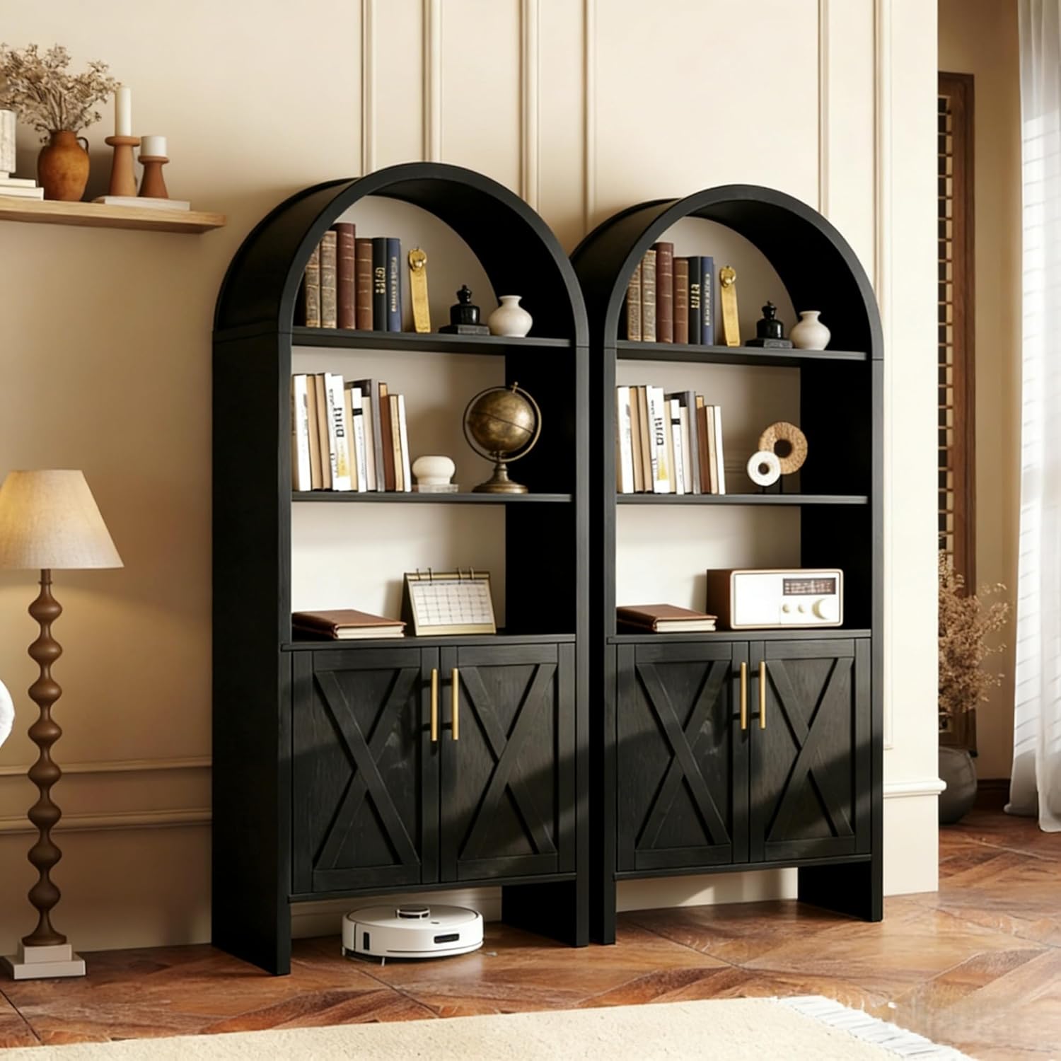 Arched Bookshelf, 60" Arched Cabinet with Storage, Farmhouse Display Bookcase Cabinet with Door, Freestanding Modern Wood Bookcase for Home Office Living Room Library, Black