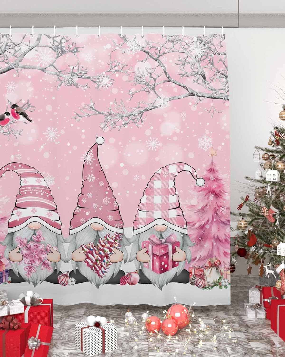 Fantasy Christmas Shower Curtain, Pink Gnomes Snowflake Tree Branch Waterproof Washable Boho Funny Cute Shower Curtains Set for Bathroom Farmhouse Bathtubs Curtains Decor Set 60"Wx72"L with Hooks