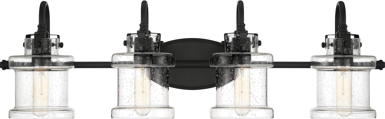 Quoizel Danbury Bath Vanity Lights, 32 Inch 4-Light Earth Black Vintage-Inspired Bathroom Lighting Fixtures Over Mirror, 100W, Clear Seedy Glass, Wall Mount Light for Bathrooms, Kitchen or Hallway
