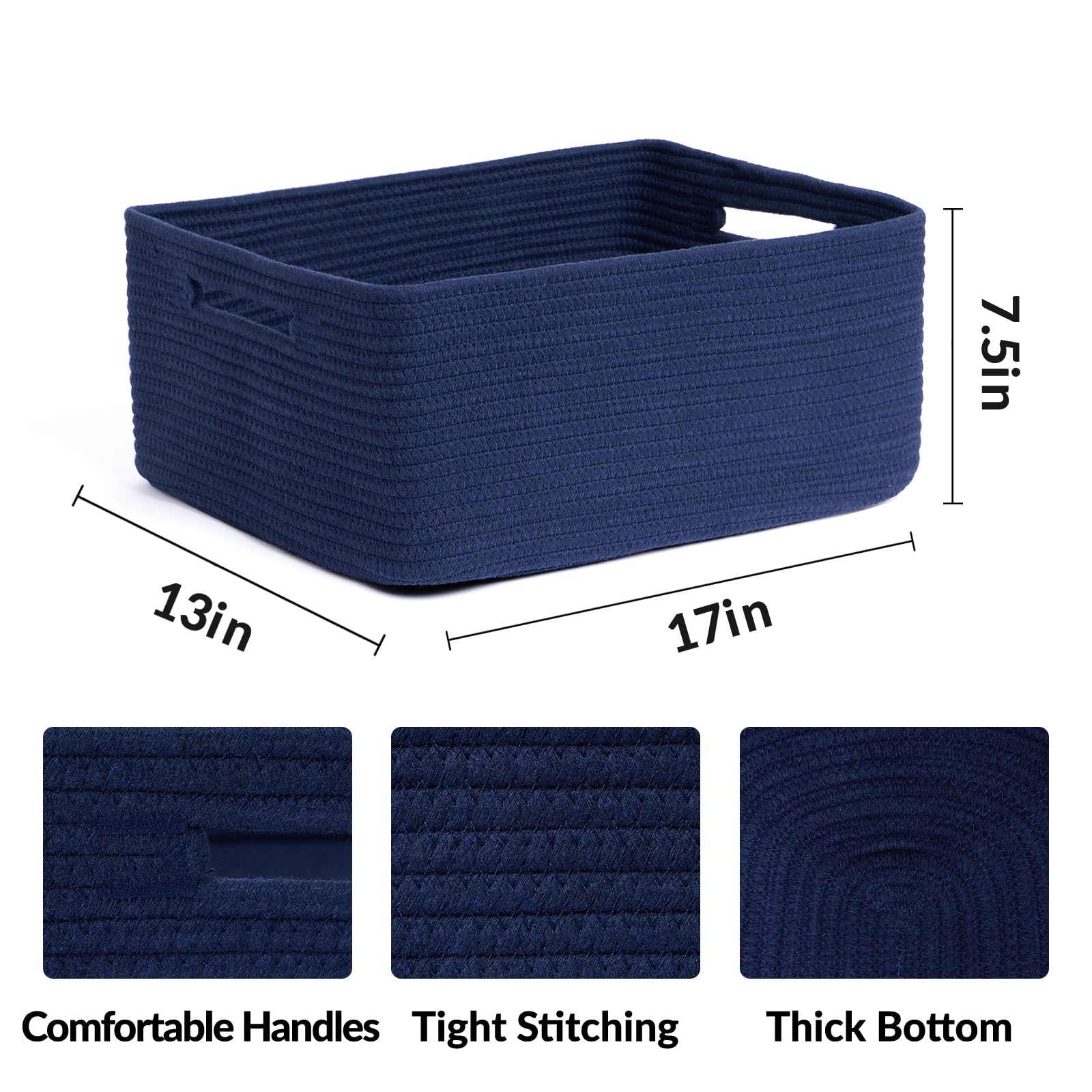 MiniArk Large Storage Baskets for Shelves, Closet Organizers Bins for Clothes Blanket Towels, Baby Nursery, Toy Baskets Box, Woven Rope Baskets, 17 x 13 x 7.5”, 2 Packs Navy Blue