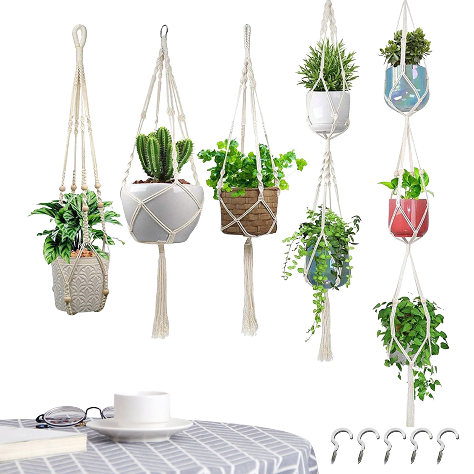 Portavasi Appesi in Macramè Set Di 5 In Stile Boho | Portavasi Per Vasi Da Fiori Da Interno Per Soffitto Parete Appendere Piante Grasse