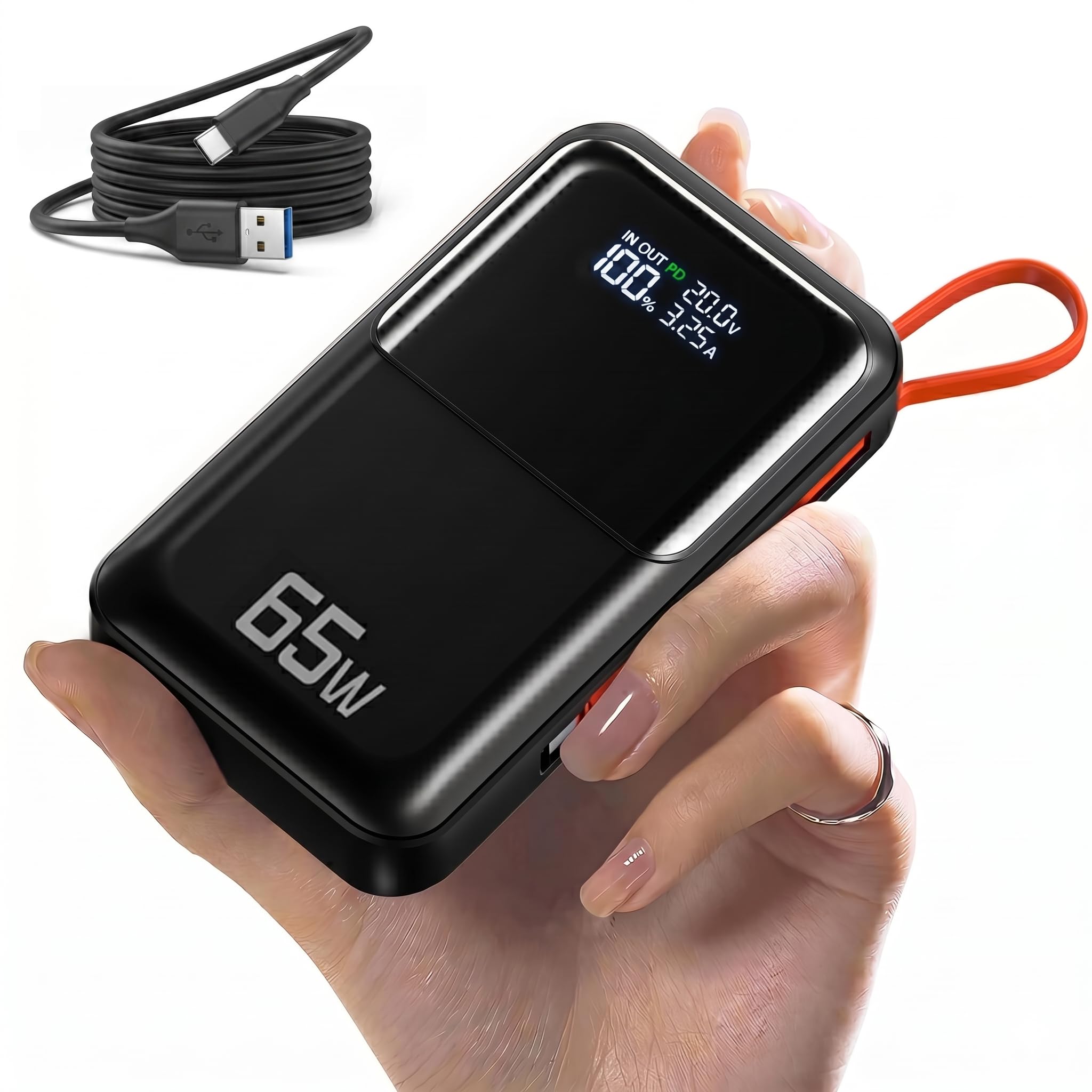 65W Portable Laptop Charger - 26,800mAh Power Bank with Built-in USB-C Cables, 3-Port 130W Total Fast Charging...