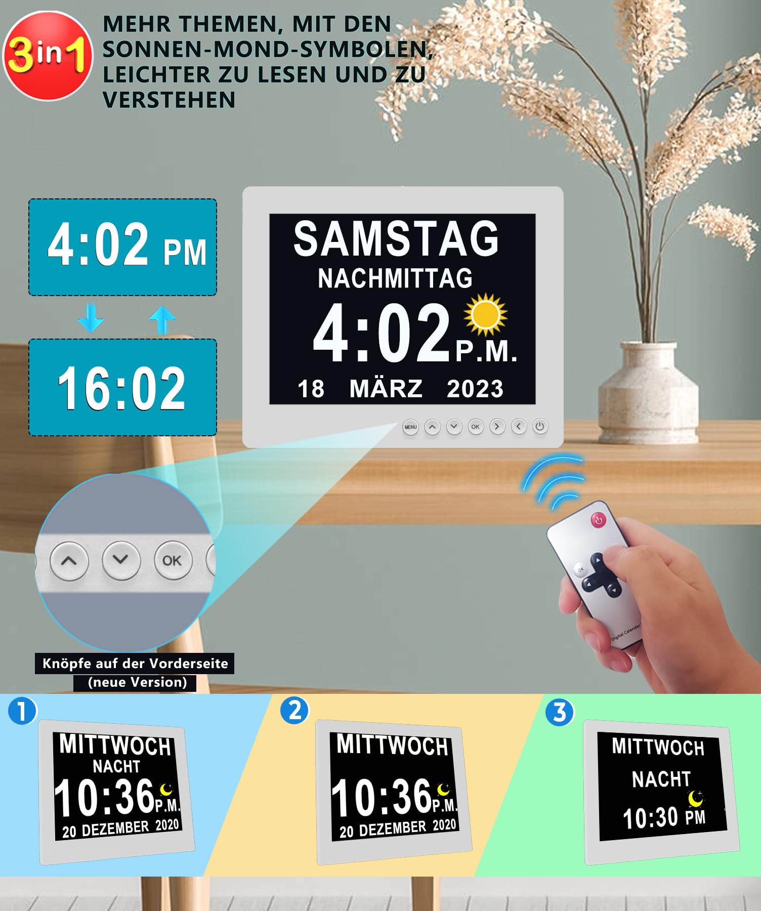 Véfaîî 2024 New, 8 Zoll Digitaler Wecker Wanduhr mit Fernbedienung 19 Alarme,Seniorenuhr Kalender und Foto-Funktion - für Senioren & Demenzkranke (z.B. Alzheimer)