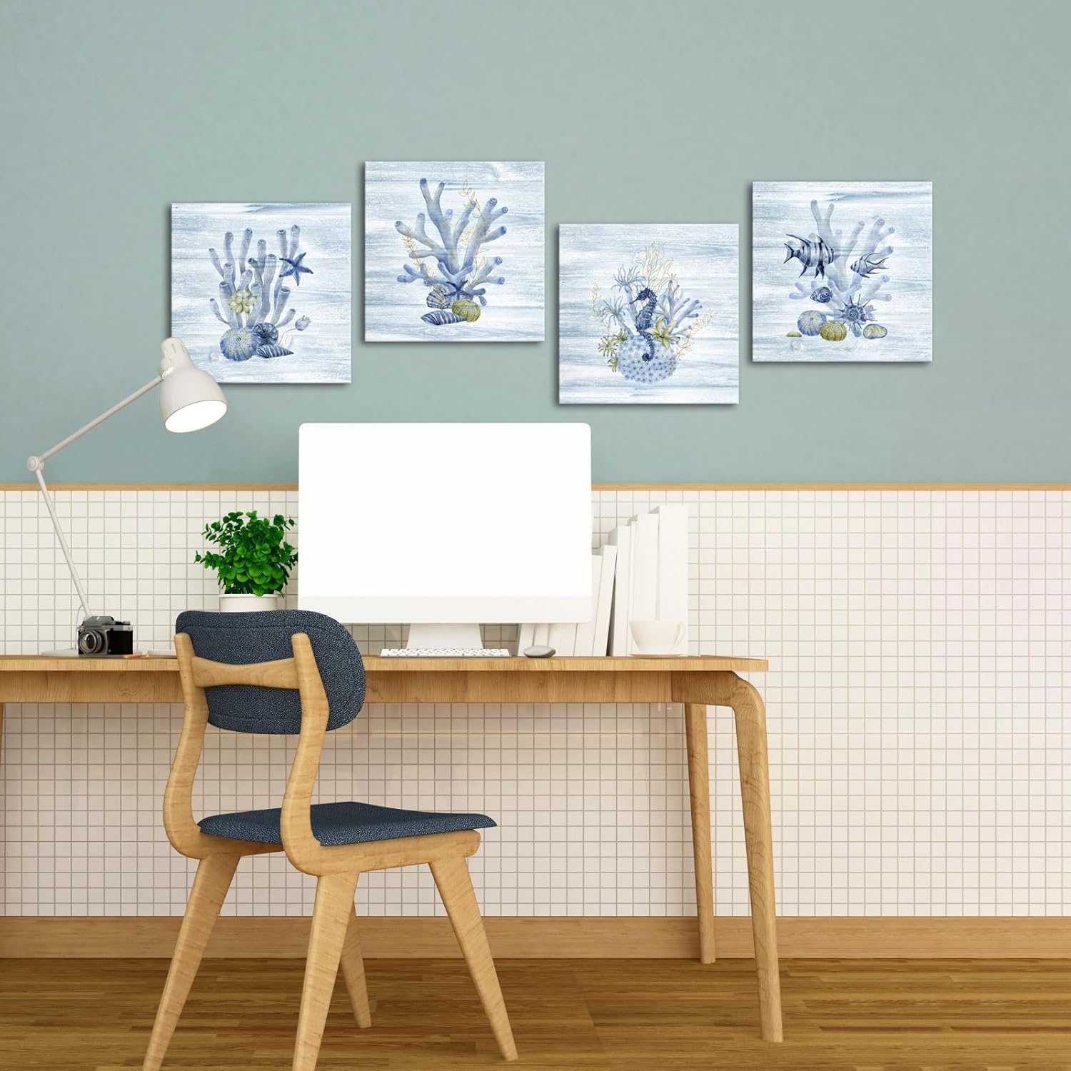 VANSEEING Ocean Animals Wall Art Canvas Prints Blue Sea Life Shell Seahorse Fish Coral Pictures Bathroom Wall Decor Watercolor Painting Artwork Home Decor for Kids Bedroom 12"x12"x4pcs