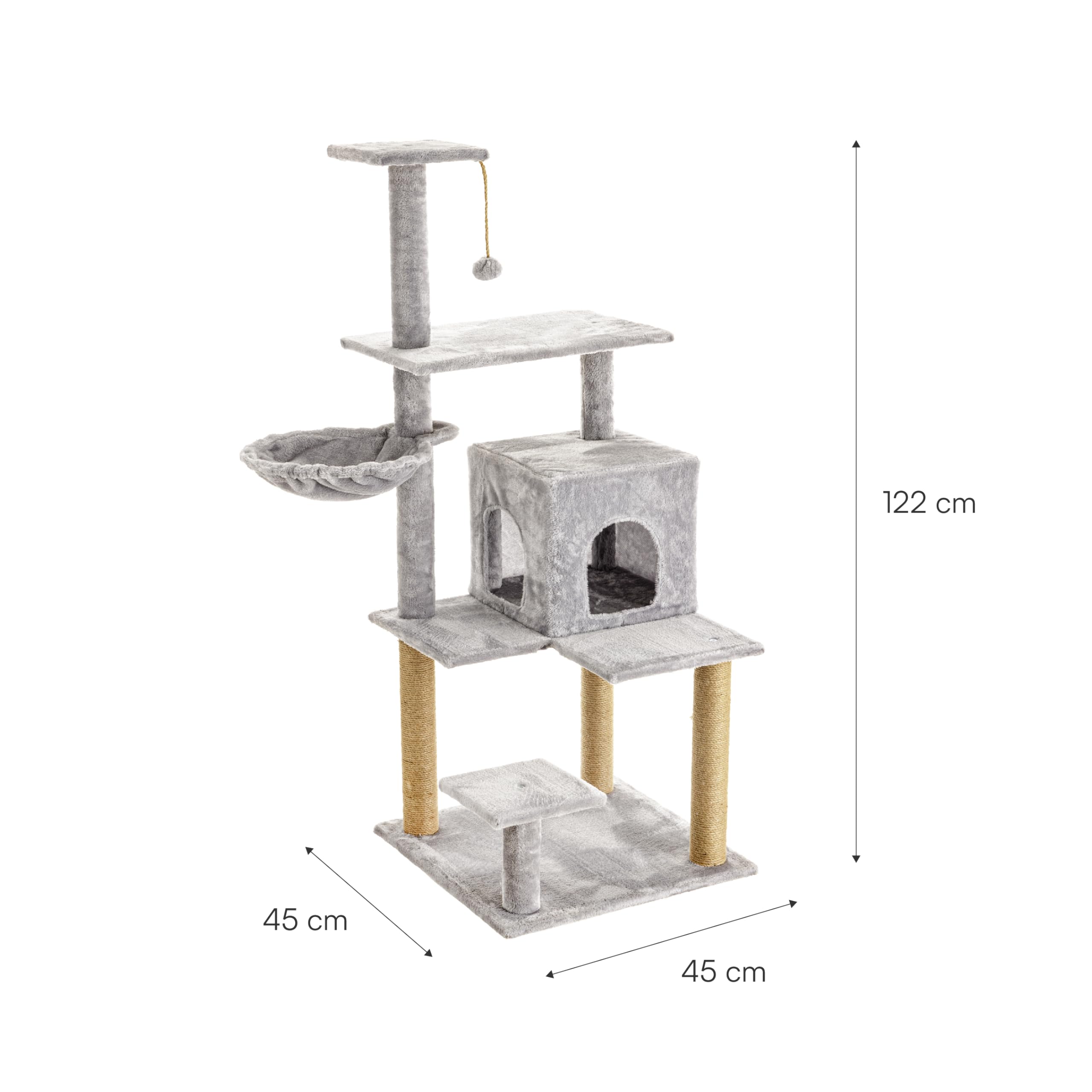 Baroni Home Árbol Rascador para Gatos, Árbol Rascador para Gatos y Gatitos, Árbol Rascador de 4 Pisos con Pelota, Hamaca y Perrera Rectangular, 75x55x125 cm, Gris