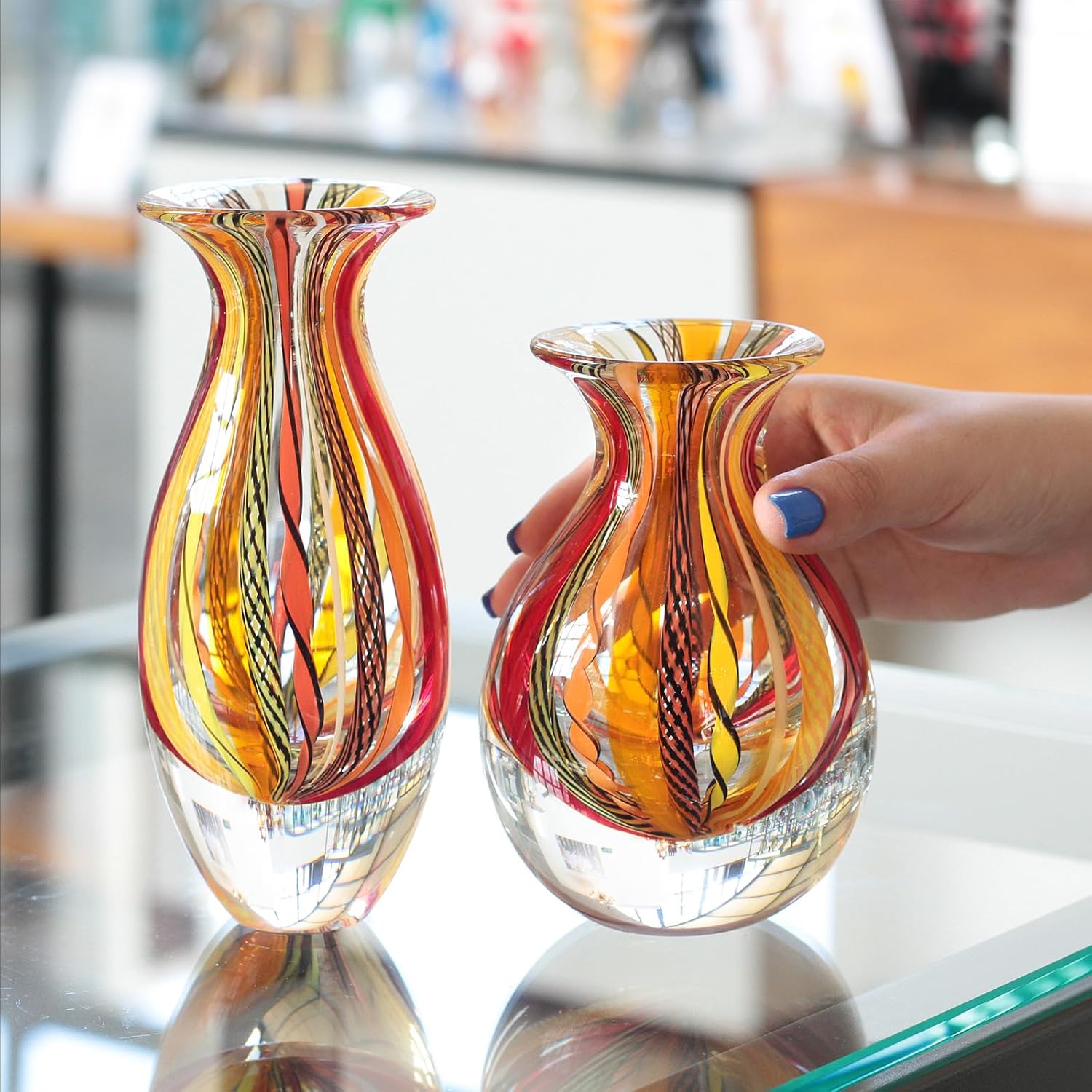 Ca D Oro Pair of Small Glass Vases Boho with Red/Yellow Canes Hand Blown Murano-Style Art Glass - Models Nº 2/3