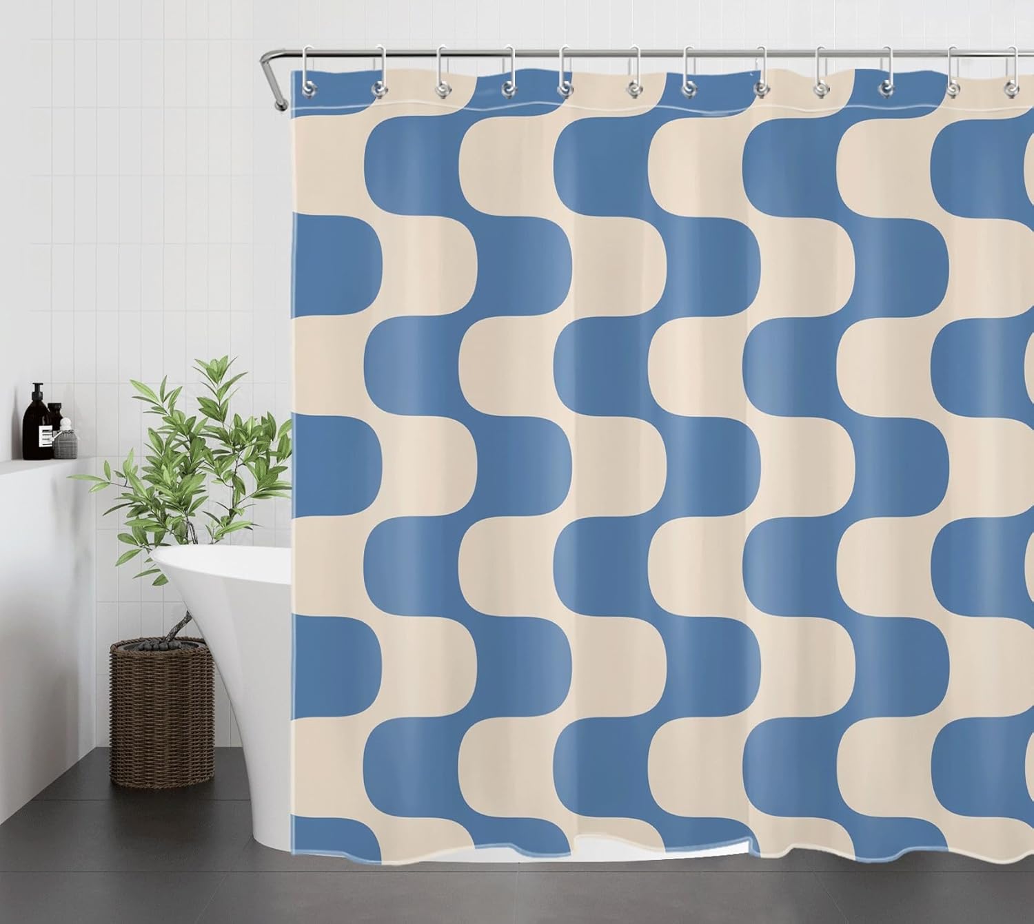 LB Blue Striped Shower Curtain, Beige Textured Abstract Geometric Modern Minimalist Shower Curtain and Rug Set, Washable Waterproof Fabric Bathroom Curtains with Hooks,72x72 inch