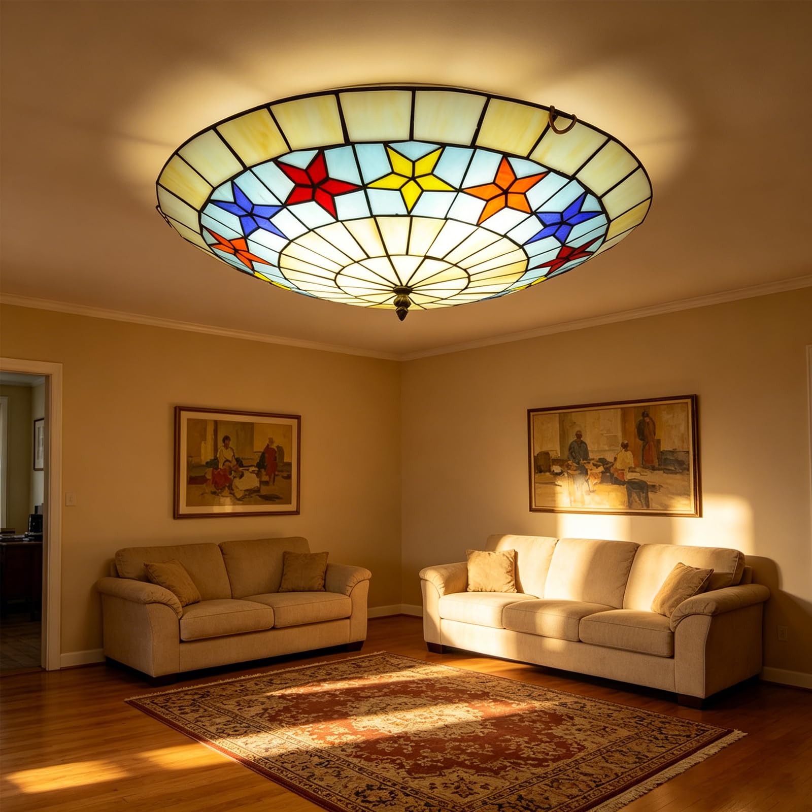 Lampa Sufitowa w Stylu Tiffany'ego, Lampy Sufitowe Do Przedpokoju w Stylu Vintage z Witrażami, Żyrandole z Okrągłym Kloszem w Stylu Retro Na Żarówki E27 do Sypialni, Salonu I Kuchni,50cm