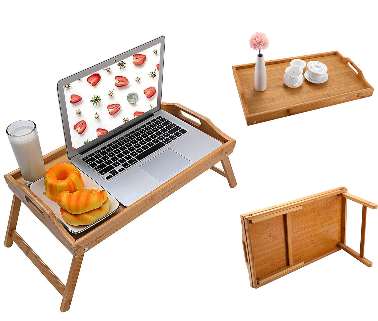 IEW Bed Food Table Bamboo Tray Table with Foldable Legs for Bed Small Desk Coffee Table for Sofa Over Bed Portable Folding Laptop Desk Stand Saving Space Rectangle Desk for Home Dormitory Sofa