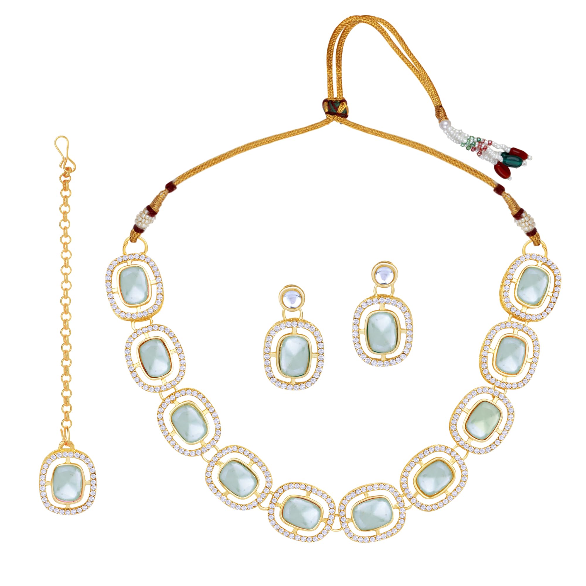 Atasi International 22K Gold Plated Mint Green Kundan Crystal AD Necklace with Earrings and Maang Tikka for Women - Jewellery Set for Party, Wedding, Engagement (MG5897) (B0D77M4SVQ) Amazon Price History, Amazon Price Tracker