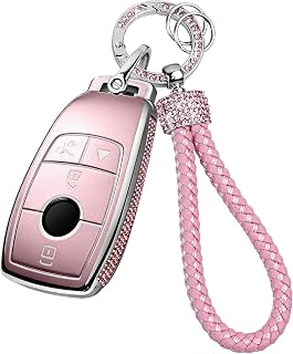 블링 라인스톤 키 포브 커버 메르세데스 벤츠 2016-2025 A/B/C/E/G/클래스 GLA GLB GLC EQA EQB GLE GLS SLC, 다이아몬드 우븐 랜야드 키링 (핑크)