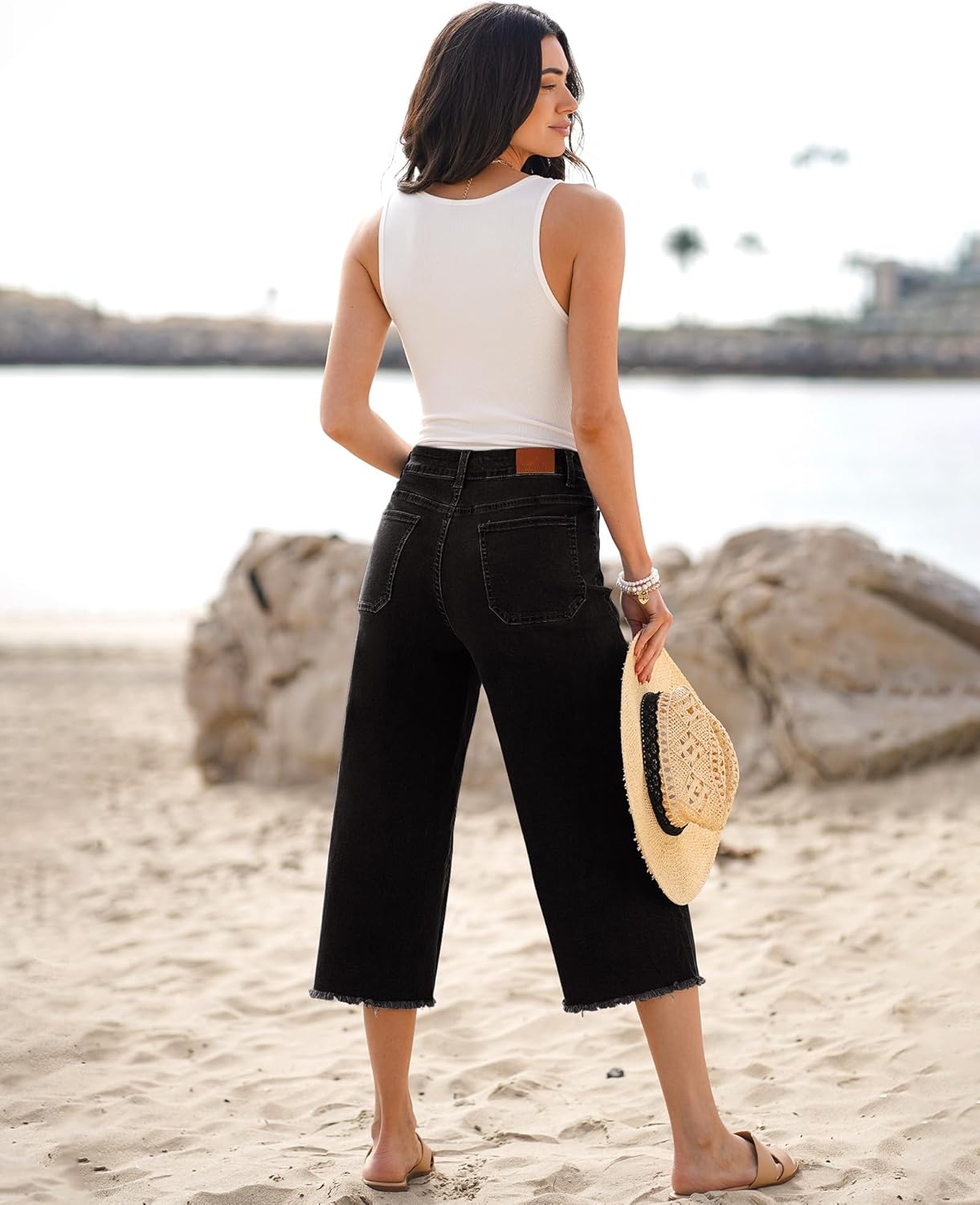 luvamia Women's Wide Leg High Waisted Cropped Capri Jeans - Image 4