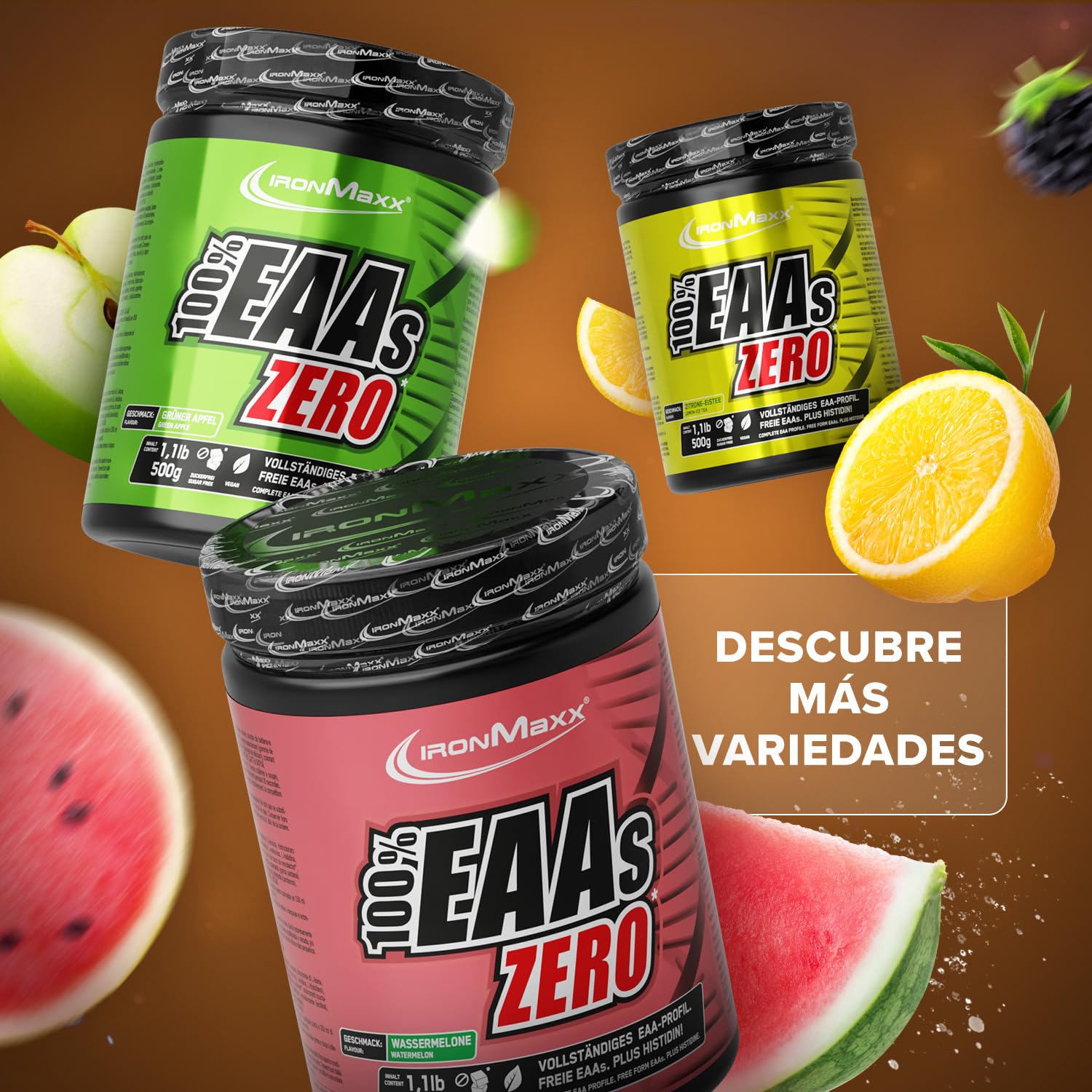 IronMaxx 100% EAAs Cero - Cola Lima bote de 500g | polvo de EAA, vegano y sin azúcares con todos los 8 aminoácidos esenciales | sabor afrutado, sin conservantes