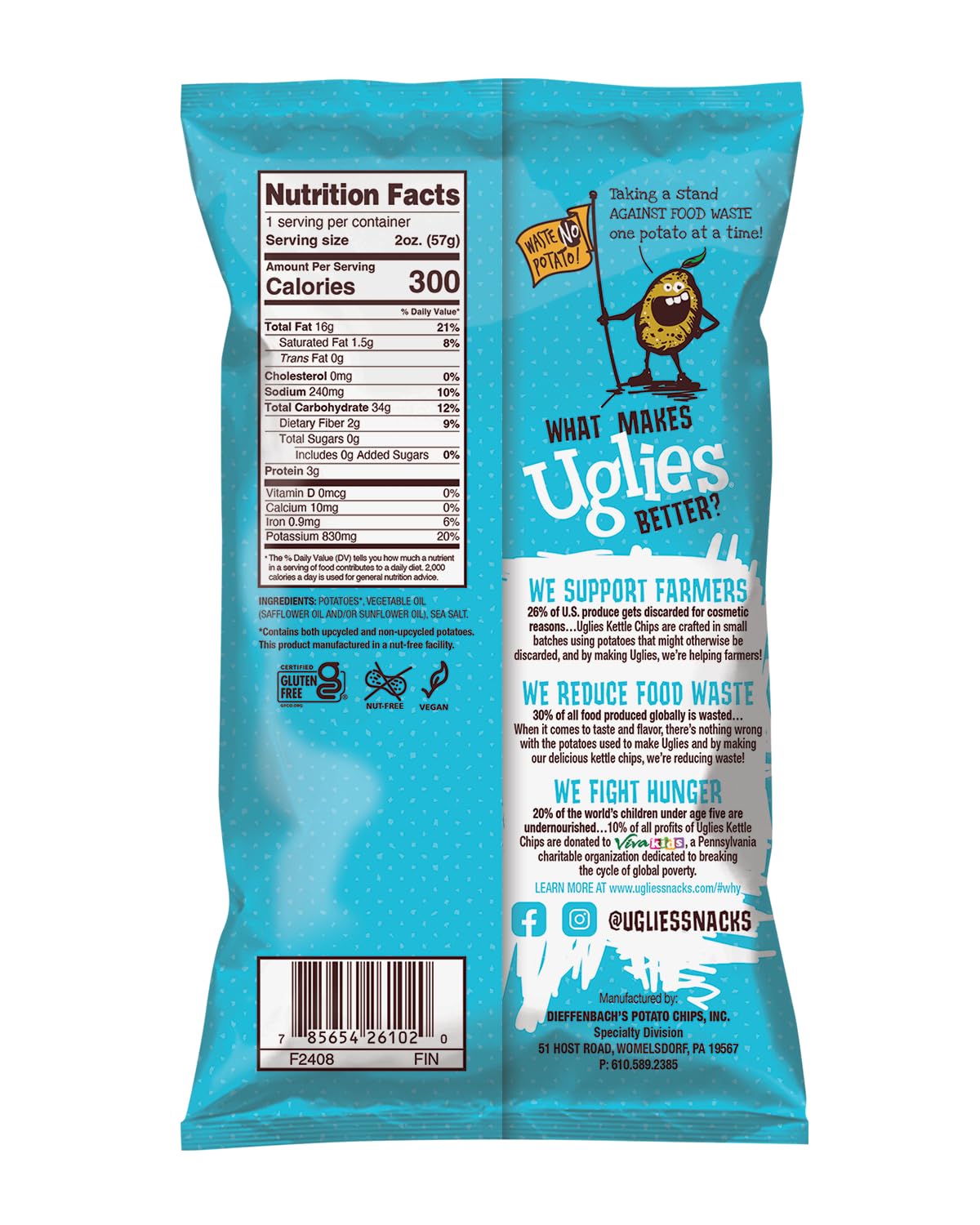 UGLIES Kettle-Cooked Potato Chips, Gluten-Free Snacks, Kosher-Friendly Chips, Non-GMO Snacks for Kids or Office, Lunch Snacks, Individual Snack Packs, Sea Salt Potato Chips, 2 Oz. Each, Pack of 12