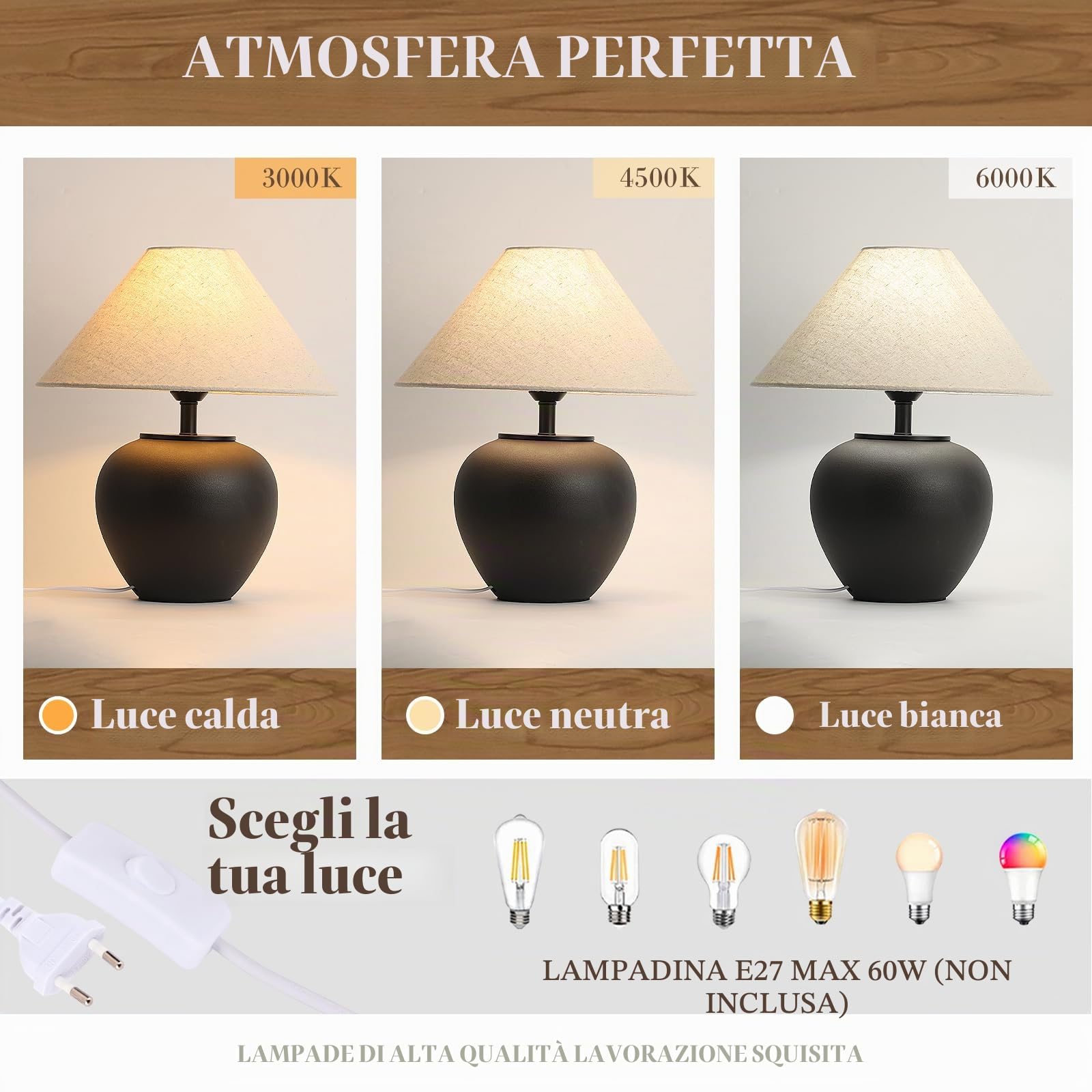 Lampada Da Tavolo In Ceramica Nera, Moderna Fattoria Rustica Scrivania Fatta A Mano, Comodino Per Soggiorno (Nero)