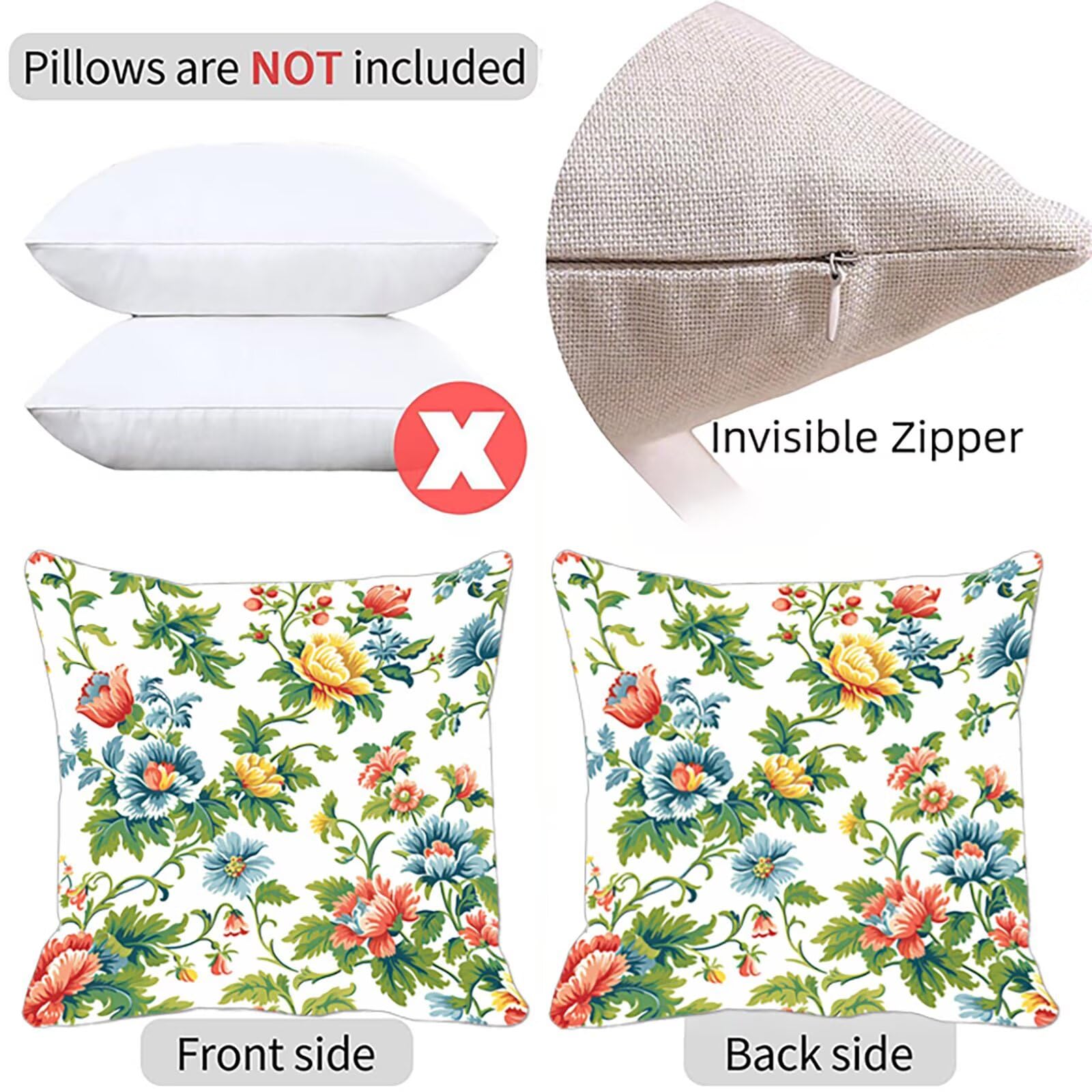 Kissenbezug 60x60 cm Blume 4er Set Sofakissen Superweichem Doppelnähten Versteckter Reißverschluss Blau Outdoor Kissen Leinen gelten für Auto Terrassen-Gartenbank Wohndeko Schlafzimmer Sofa 6-P