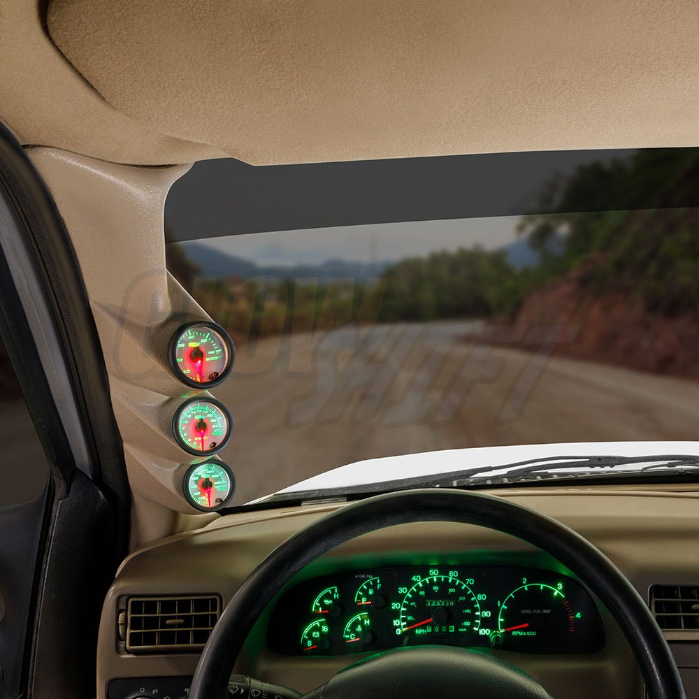 GlowShift Diesel Gauge Package Compatible with Ford Super Duty F-250 F-350 6.0L 7.3L Power Stroke 1999-2007 - White 7 Color 60 PSI Boost, 2400F EGT & Transmission Temp Gauges - Tan Triple Pillar Pod