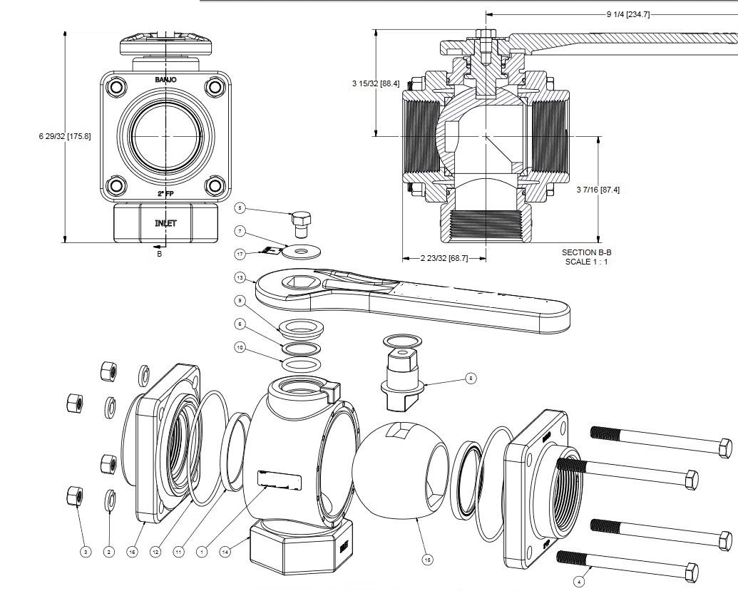 Banjo V200BL Polypropylene Bottom Load Ball Valve, Three Piece, Three Way, Full Port, 2" NPT Female