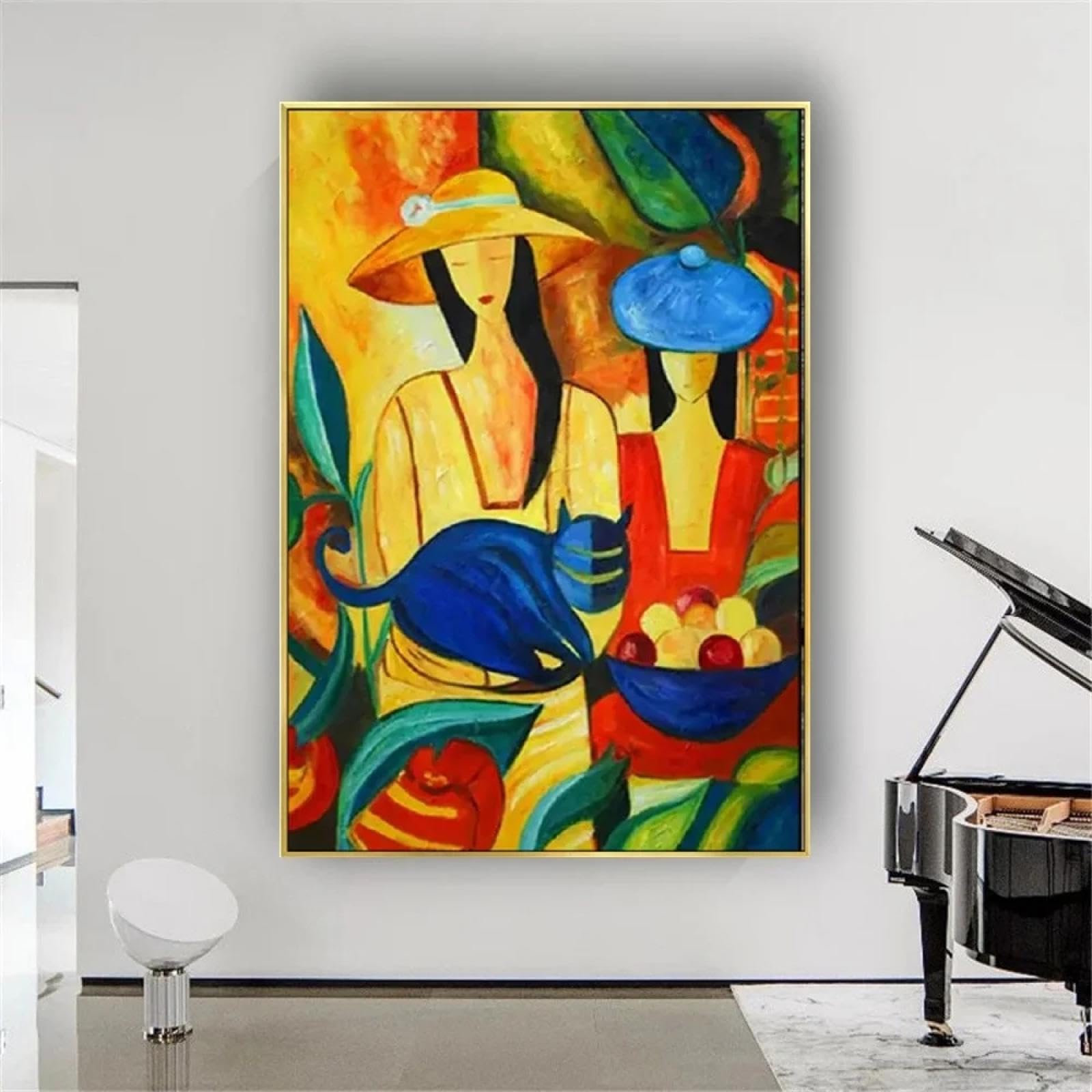 Picasso Figura Pintura Chica De Moda Con Gato Cuadro En Lienzo Arte Moderno De La Pared Para La Decoración De La Sala Impresiones Con Marco Dorado 40x60cm/16x24inch Con Marco Dorado