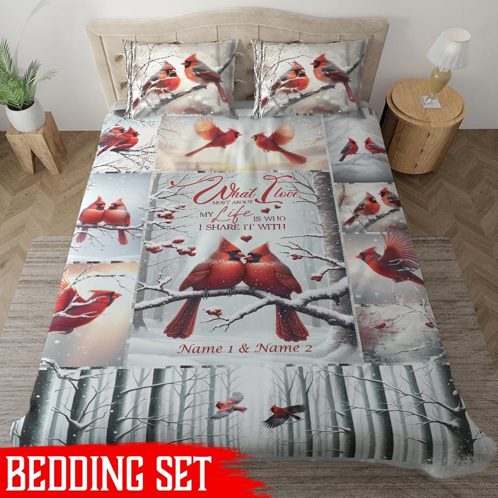 ThuhaTree Store Personalized Cardinal Couple What I Love Most Bedding Set, Bed Set for Couple, Bed Set Couple, Cardinal Bedding Set