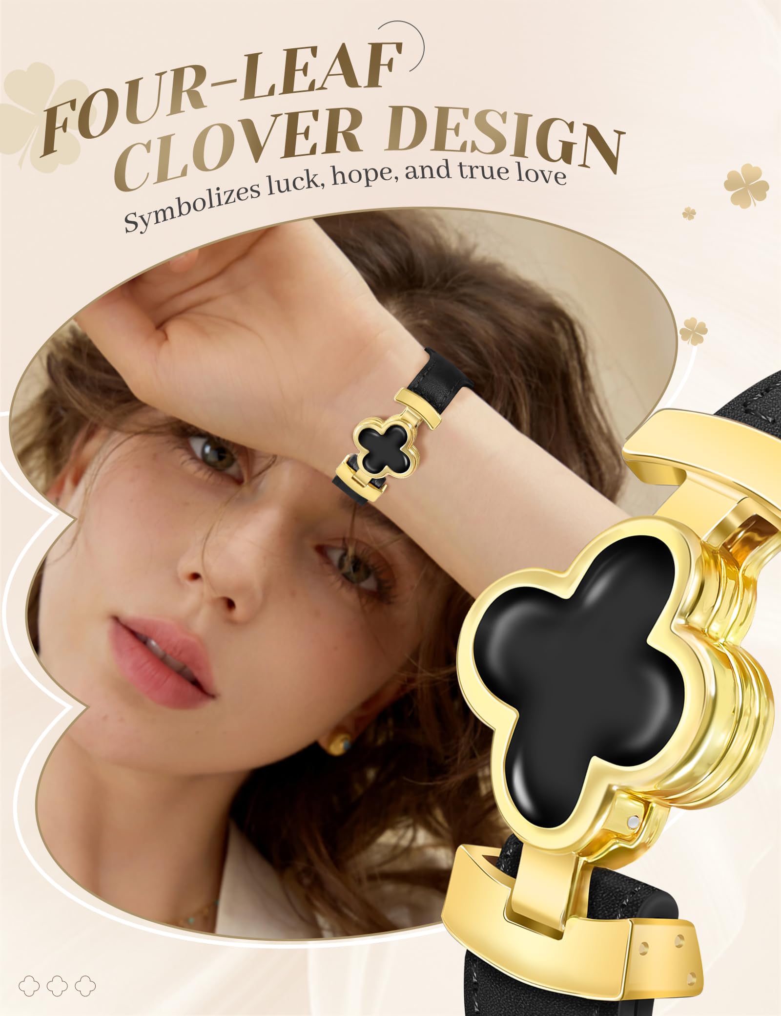 MOINSPIRE Designerschmale Leder-Armbänder für Damen, Glückskleeblatt Hübsches Schickes Magnet-Armband für die iWatch, kompatibel mit Apple Watch Series 11/10/9/8/7/6/5/4/3/2/1 SE 1/2/3 Ultra 1/2/3