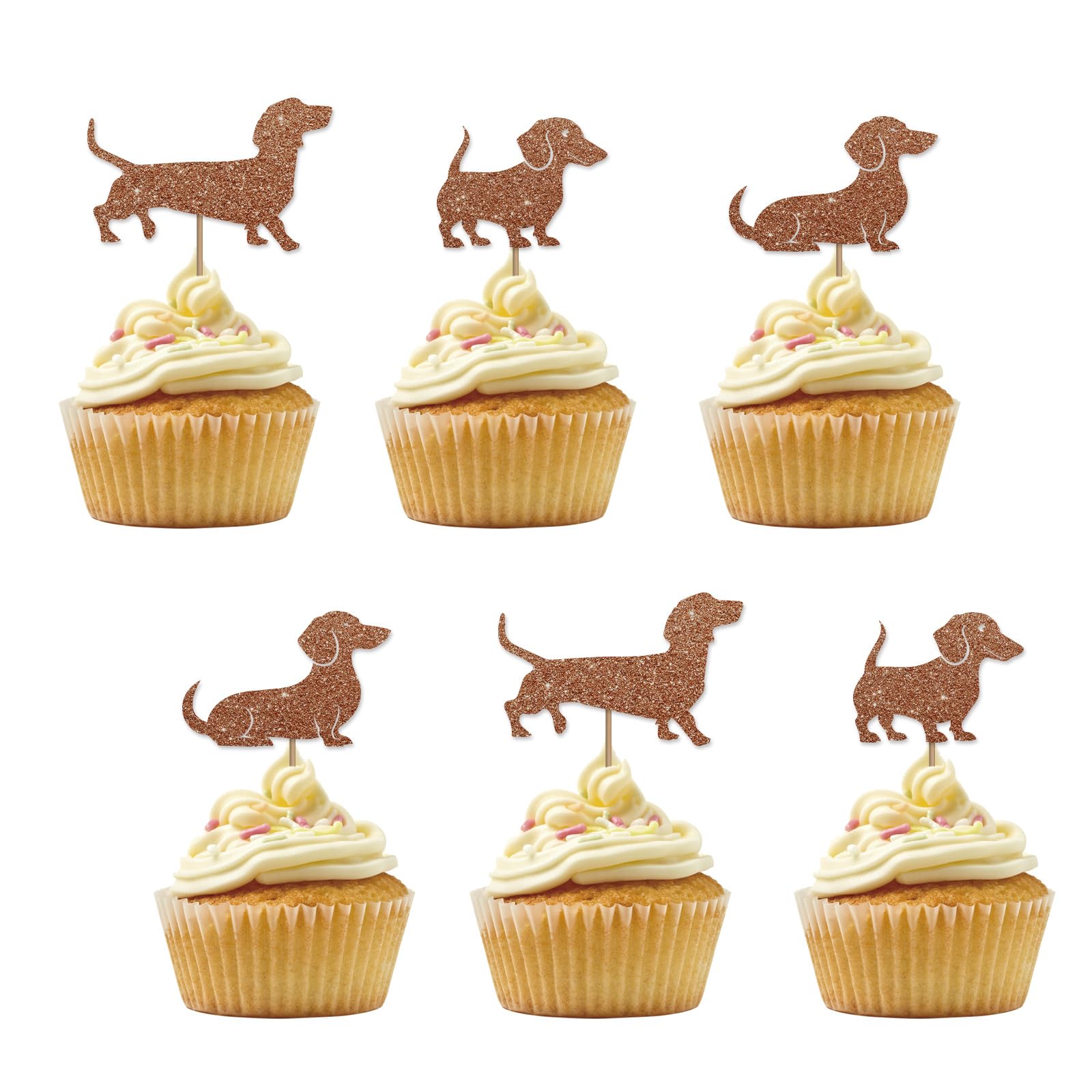Set of 24 Dachshund Cupcake Toppers, Pet Dog Birthday Cupcake Toppers, Brown Glitter Pet Dog Puppy Cupcake Picks for Hotdog Bar Party, Dachshund Party Supplies